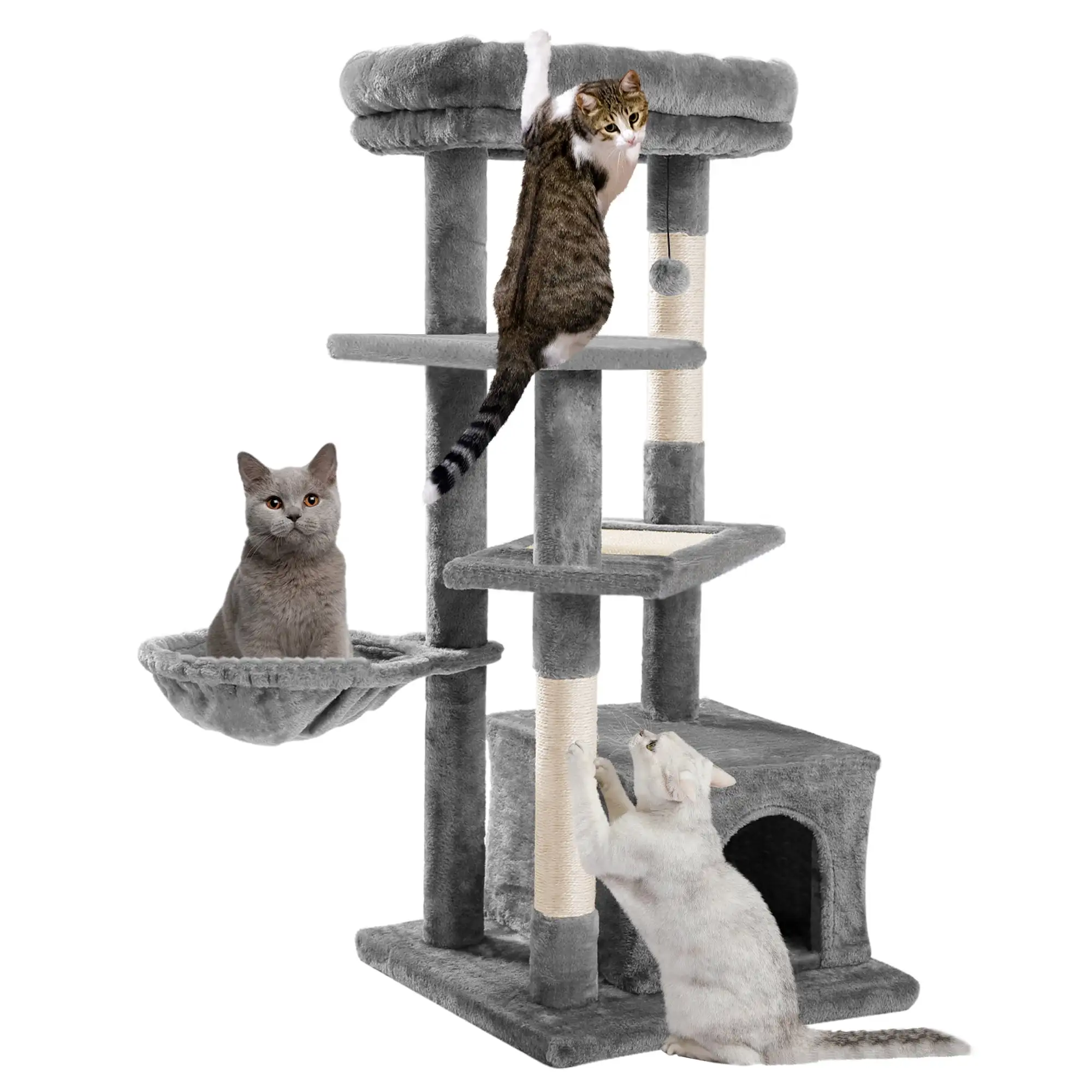 Cat Tree for Indoor Cats. 45 Inches Multi-Level Cat Tower with Sisal Covered Scratching Posts. Spacious Condo. Cozy Hammock and Plush Top Perch