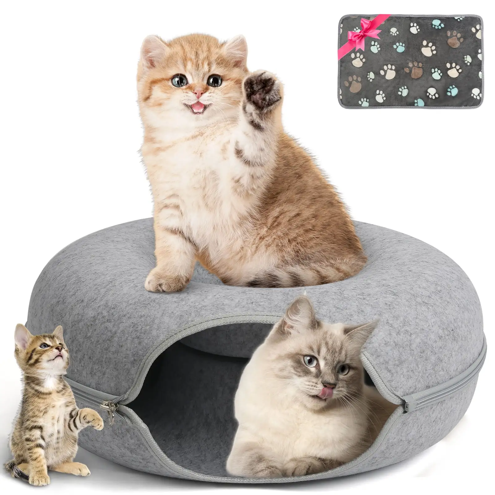 Cat Tunnel Bed.Peekaboo Cat Cave.Detachable Tunnels for Indoor Cats.Cat Tunnel Toy.Felt Round Cat Bed Suitable for The Rabbits and Small Guinea Pigs(24inch.Light Grey.Cat up to 22 lbs)