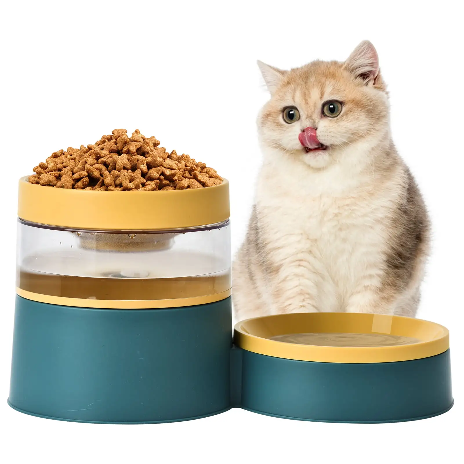 Cat Water Dispenser Food Feeder. Automatic Pet Water Dish & Self Feeding Bowl. 1L Drinker Bottle for Cat Dog Puppy Kitten. Yellow Green