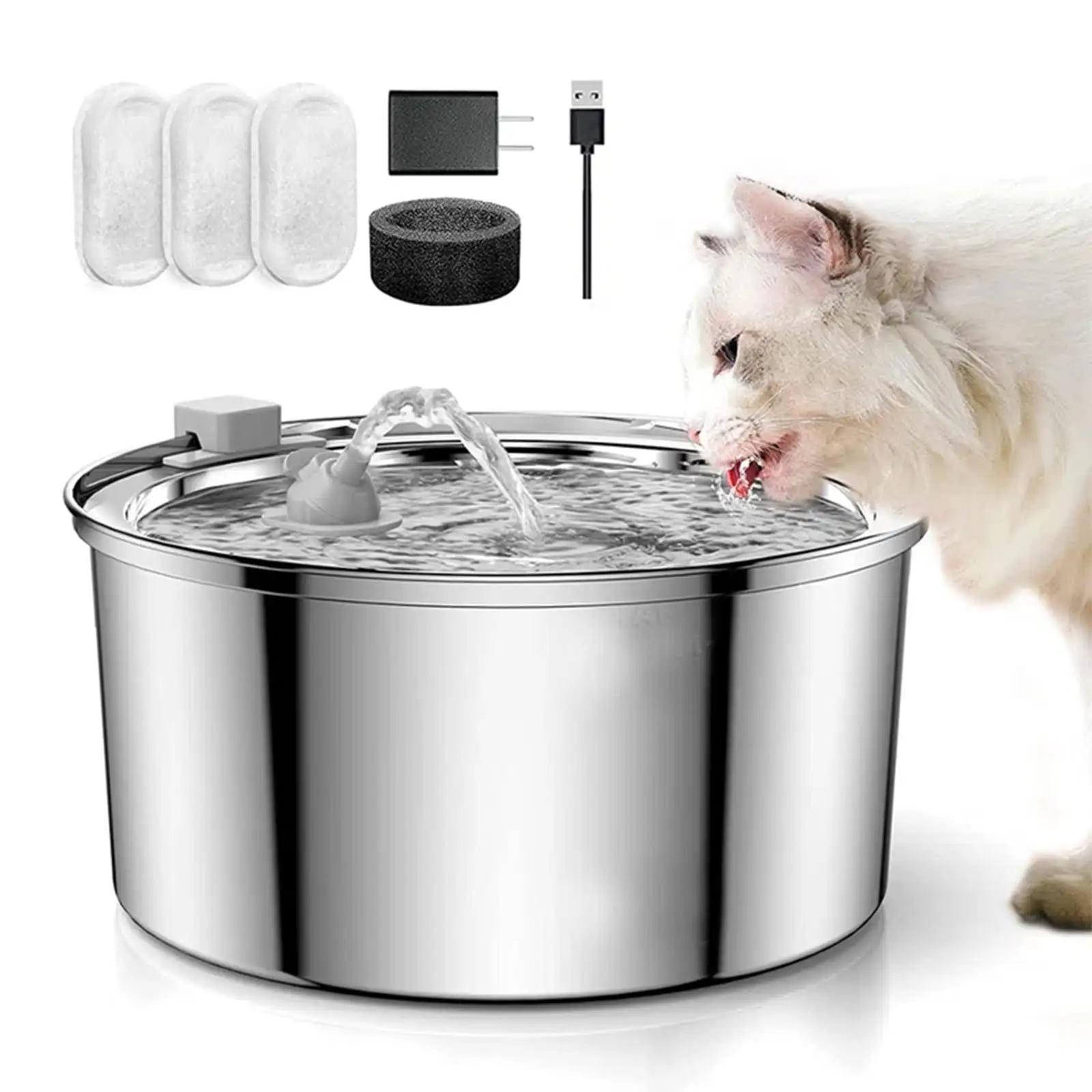 Cat Water Fountain Stainless Steel. 108oz/3.2L Automatic Cat Fountain. Water Fountains for Cats Indoor - Cat Fountains for Drinking with 3 Replacement Filters Ultra-Quiet Pump