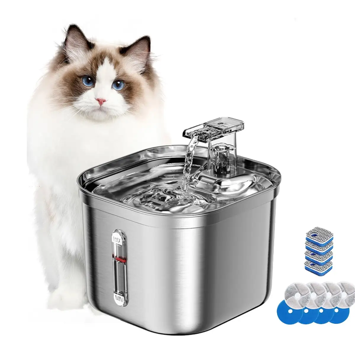 Cat Water Fountain. Stainless Steel Pet Water Fountain for Cats Inside. 2.2L/74oz Automatic Dog Dispenser Cat Water Bowl for Cats. Dogs. Multiple Pets. 4 Replacement Filters & Ultra-Quiet Pump