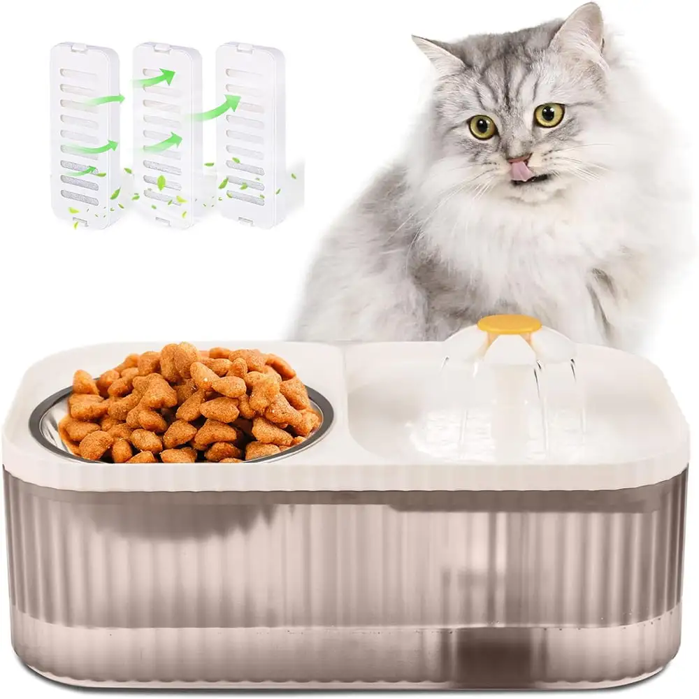 Cat Water Fountain and Food Bowl. 3L/101oz Pet Water Dispenser with 3 Filters. Auto Flower Fountain & Stainless Steel Bowl White