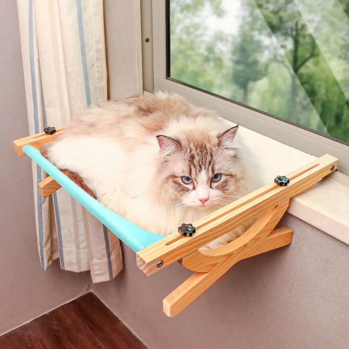 Cat Window Perch Lounge Mount Hammock Window Seat Bed Shelves for Indoor Cats No Drilling No Suction Cup (Blue)