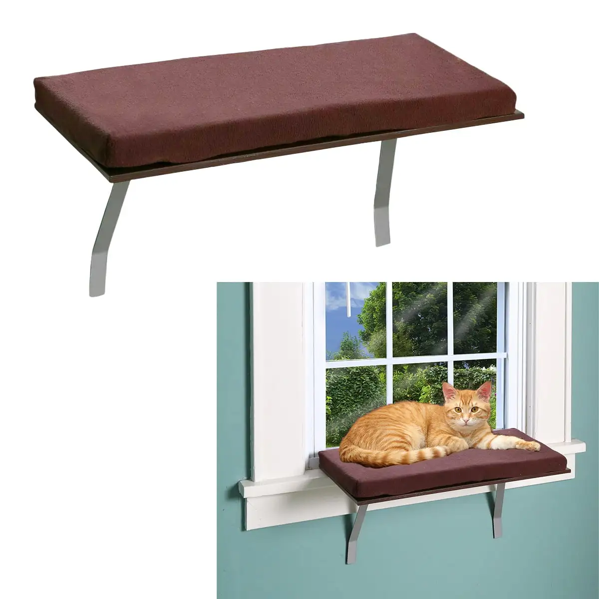 Cat Window Seat Bed Perch Ledge Small to Large Cats Mounted Safe Comfortable Resting Seat. Brown