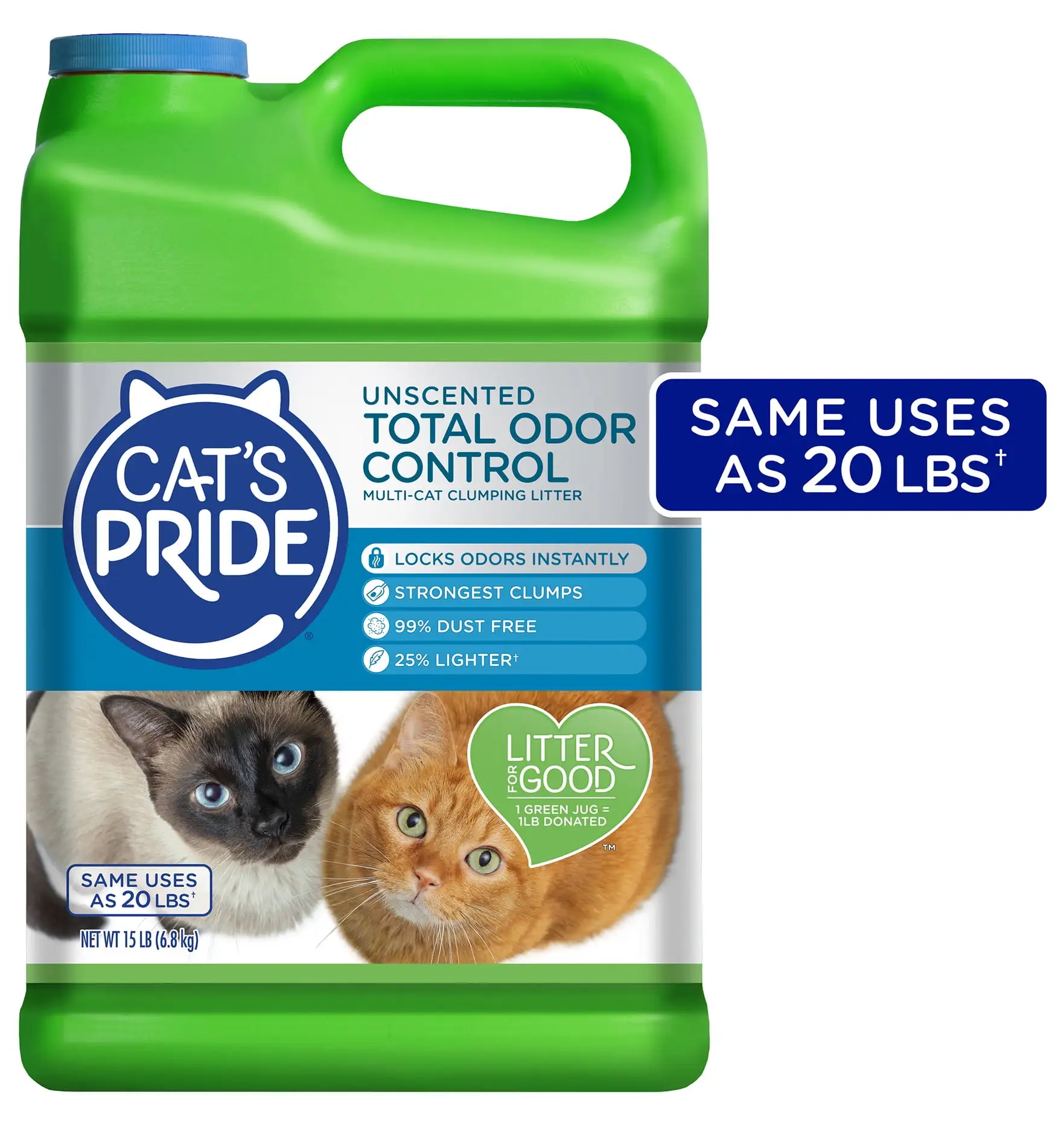 Cat's Pride Max Power Total Odor Control Unscented Multi-Cat Clumping Litter. 15lb Jug