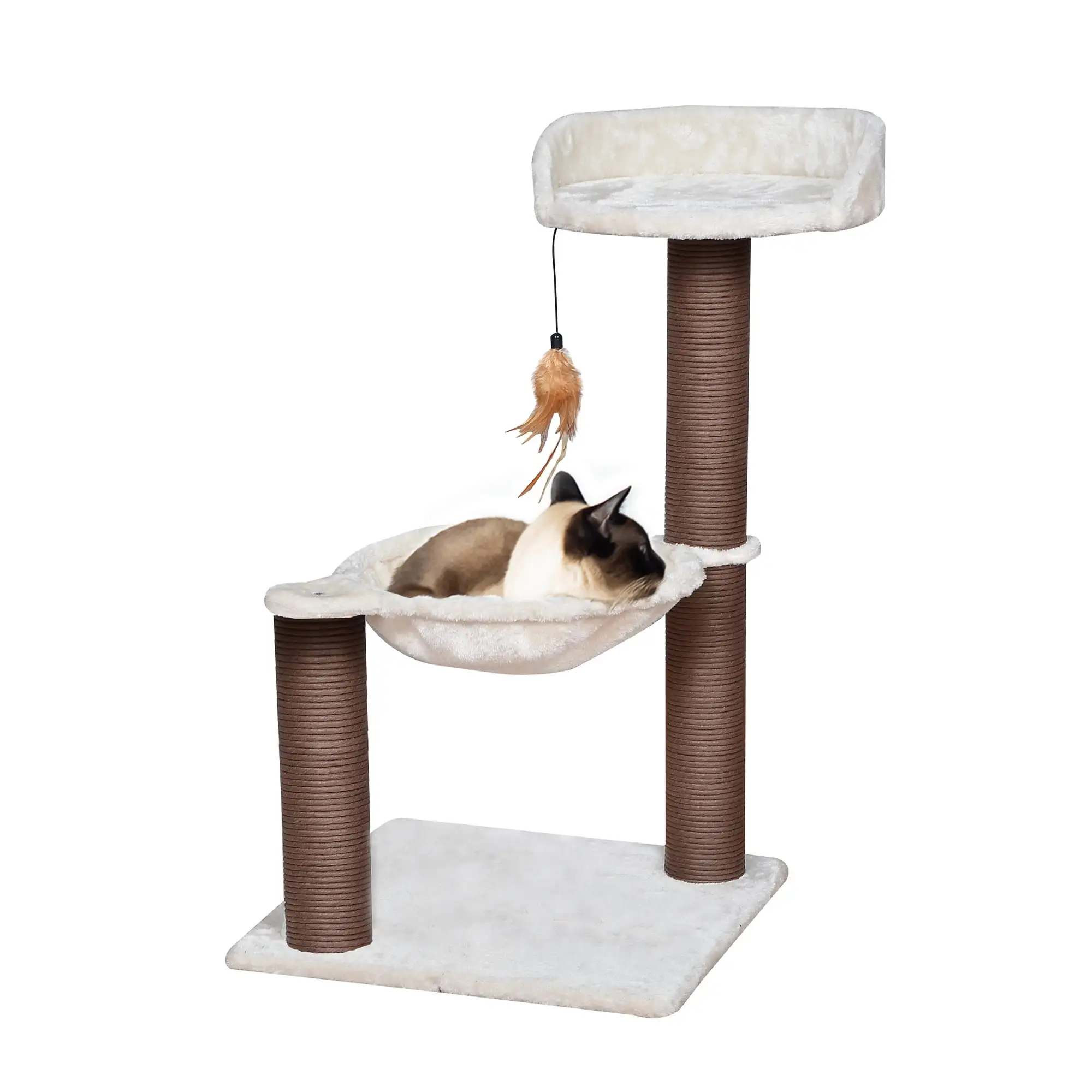 Catry 28 Beige 3-Level Small Cat Tree with Hammock Scratching Post Tower with Plush Perch Indoor Playhouse