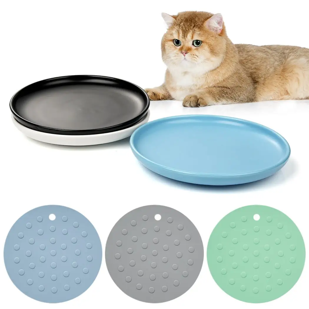 Ceramic Cat Bowls 3 Packs. Whisker Stress Free Cat Feeding Plates with 3 Non-Slip Mats. Wide & Shallow Cat Food Dish to Relieve Whisker Fatigue. for Cats. Kittens. Puppies. Dishwasher Safe