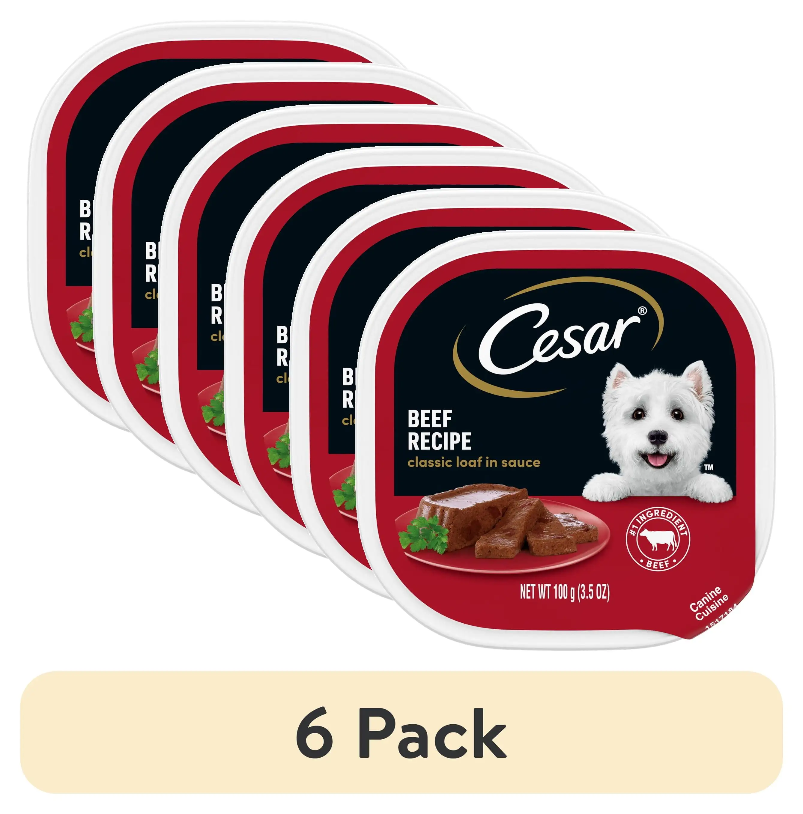 (6 pack) Cesar Classic Loaf in Sauce Beef Recipe Wet Dog Food. 3.5 oz Tray