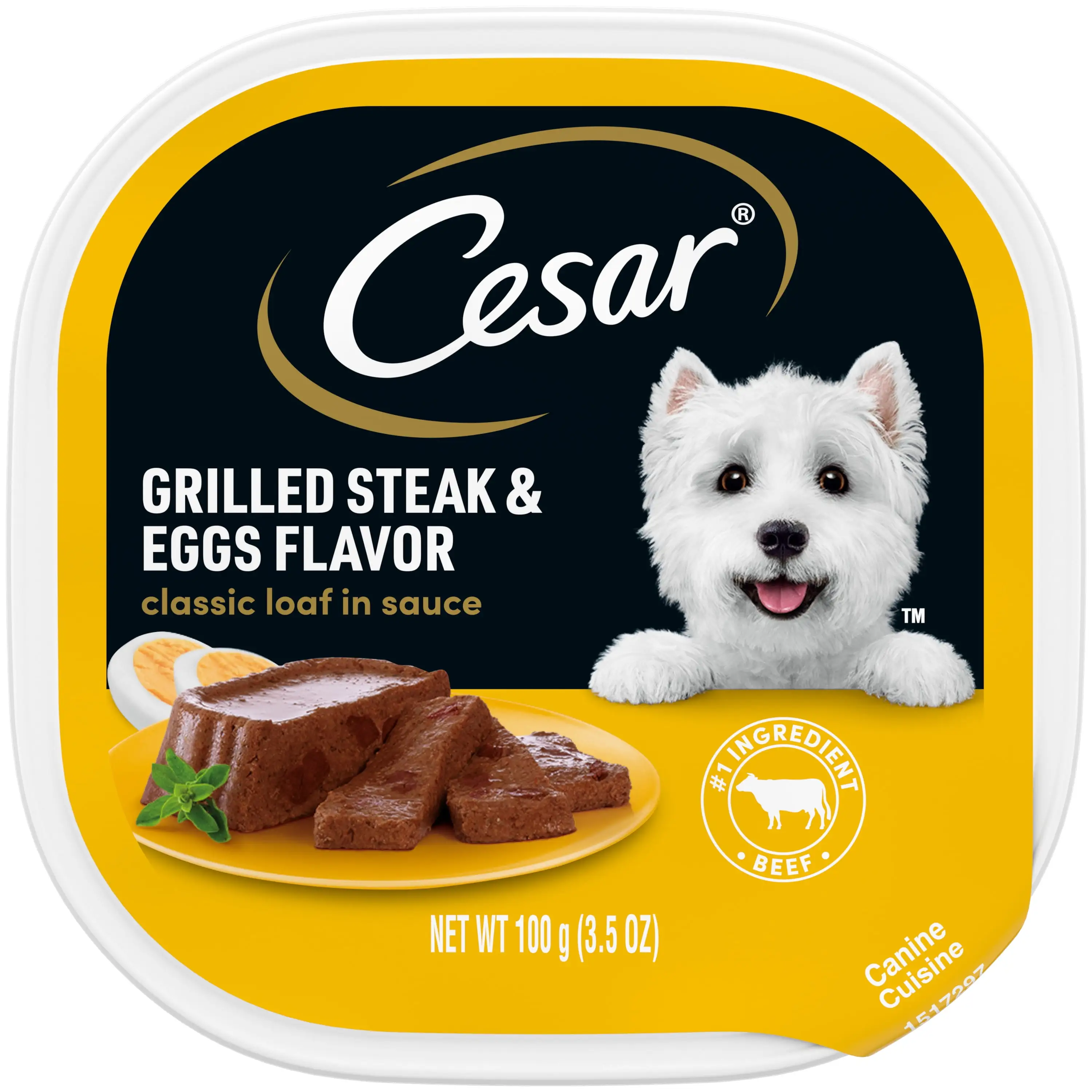 Cesar Classic Loaf in Sauce Grilled Steak & Eggs Dog Food. 3.5 oz Easy Peel Tray