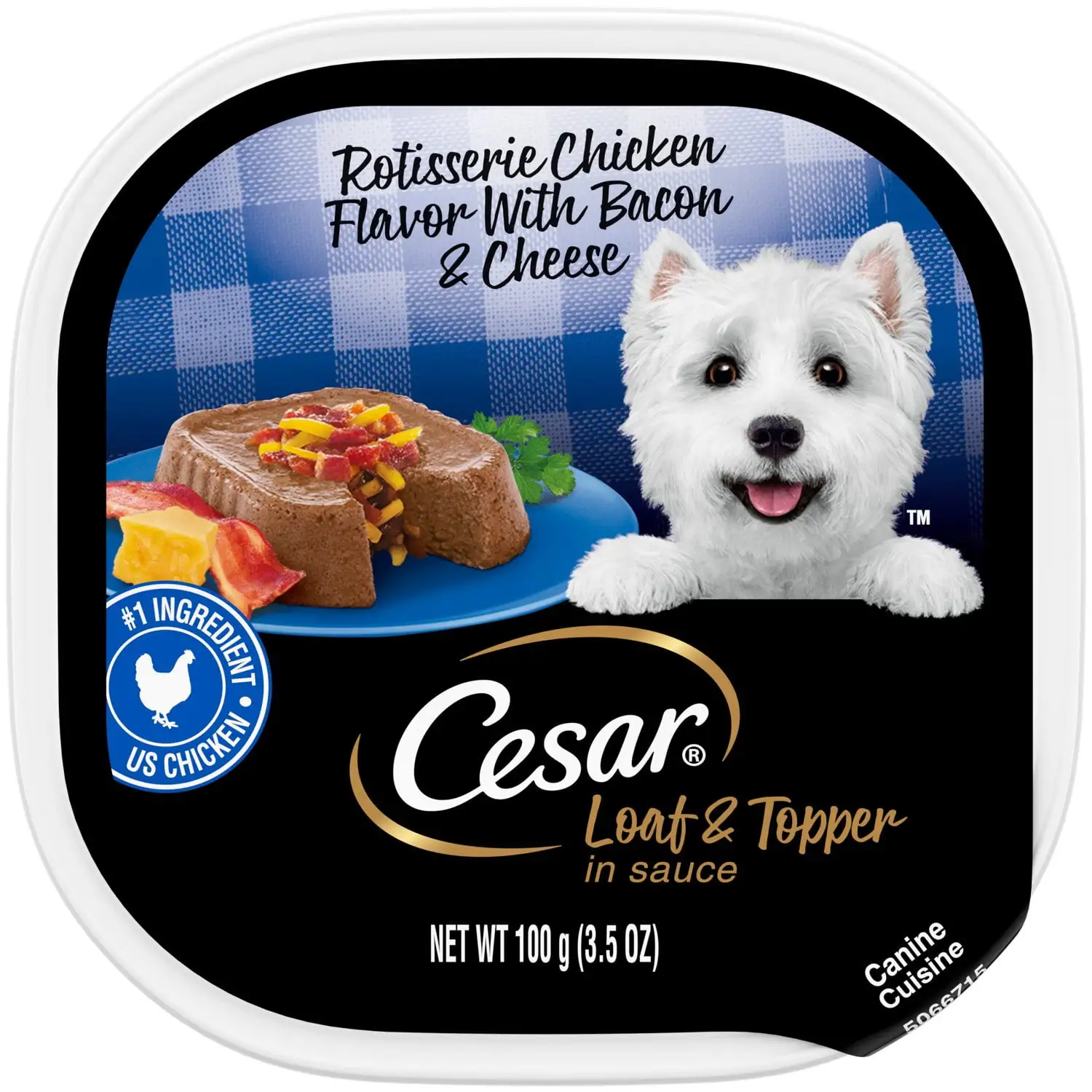 Cesar Loaf and Topper Rotisserie Chicken with Bacon and Cheese Wet Dog Food. 3.5 oz Tray