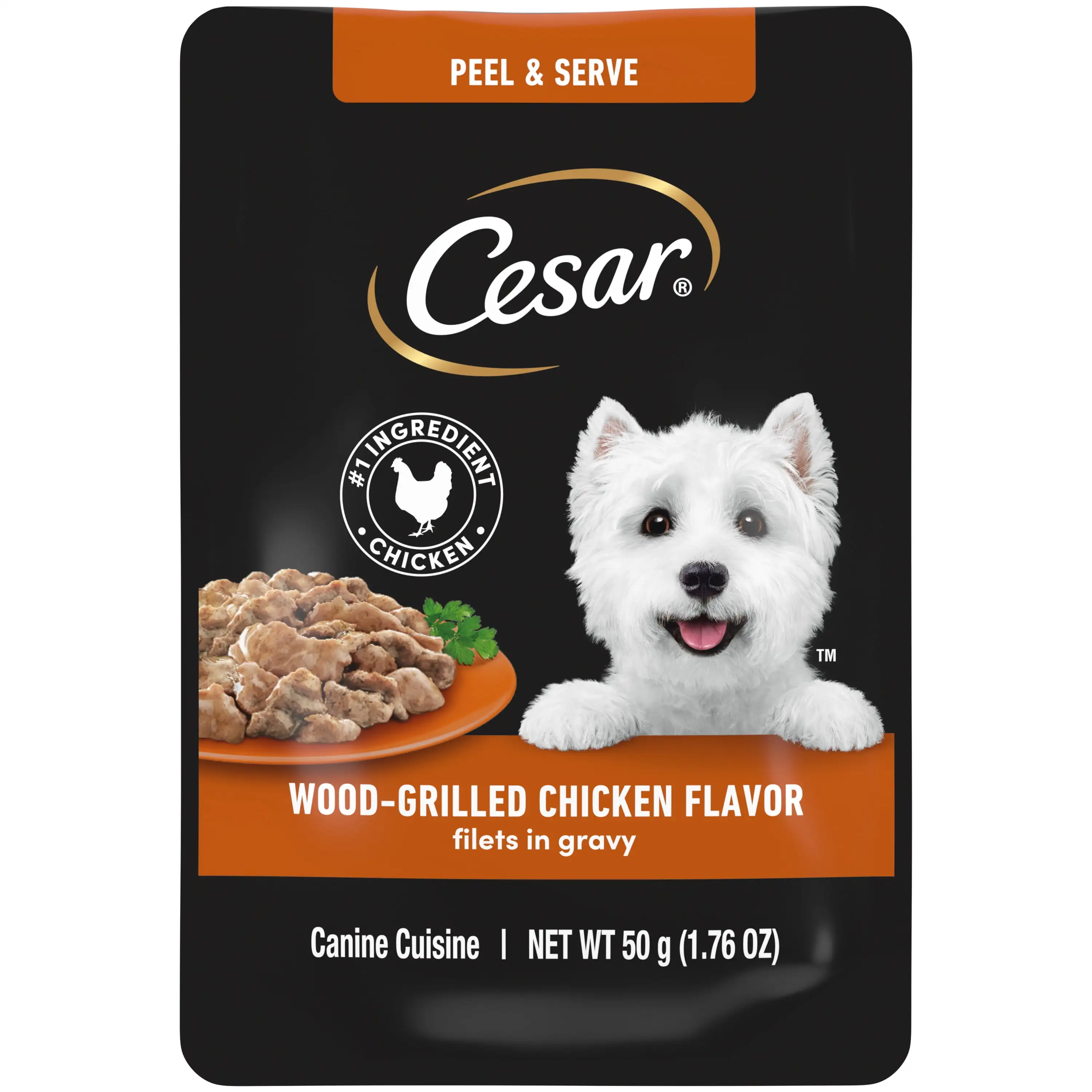 Cesar Pouch Filets In Gravy Wood-Grilled Chicken Wet Dog Food. 1.76 oz. Pouch. 1 ct