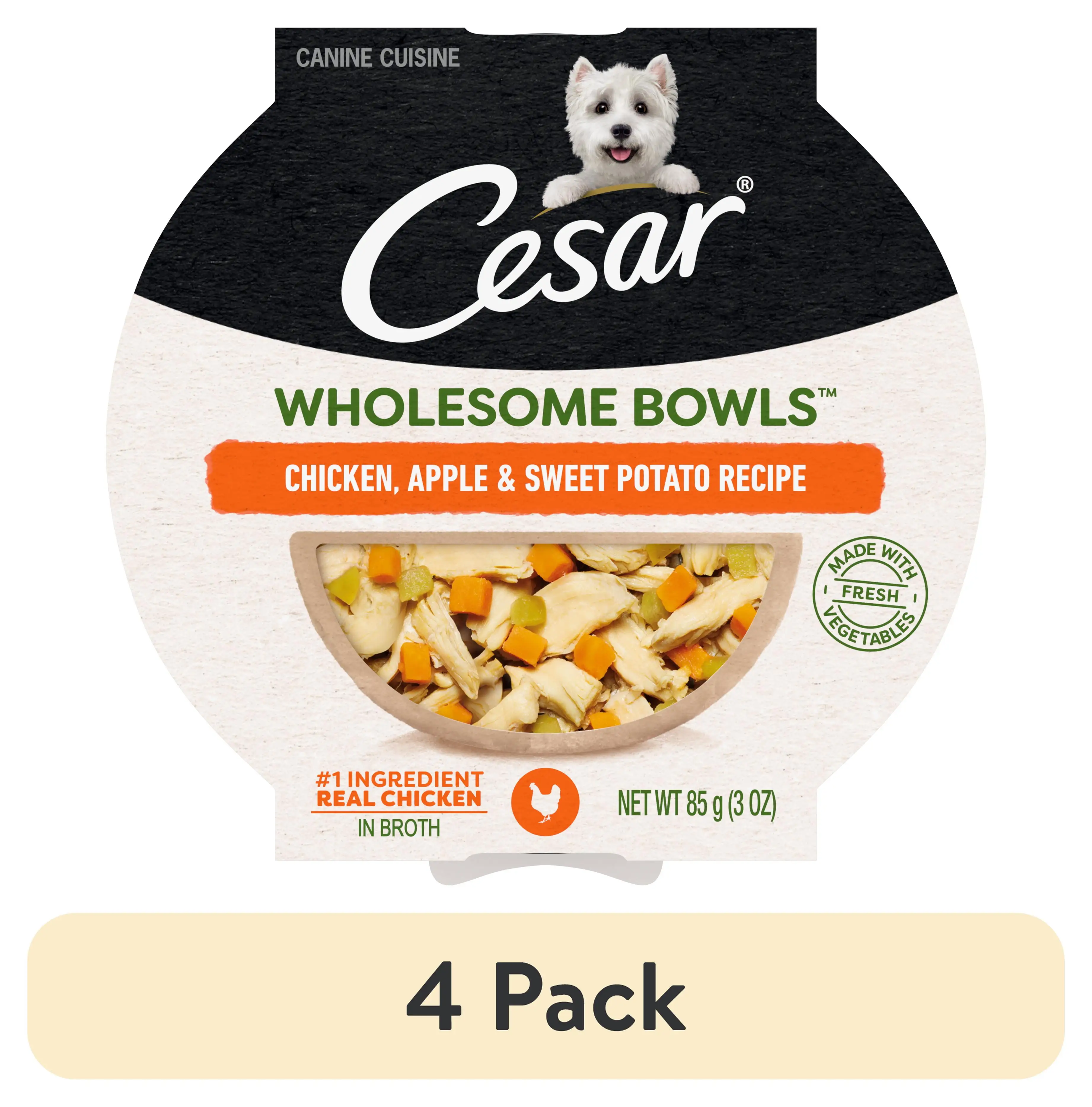 (4 pack) Cesar Wholesome Bowls Chicken. Apple & Sweet Potato Wet Dog Food Adult. 3 oz