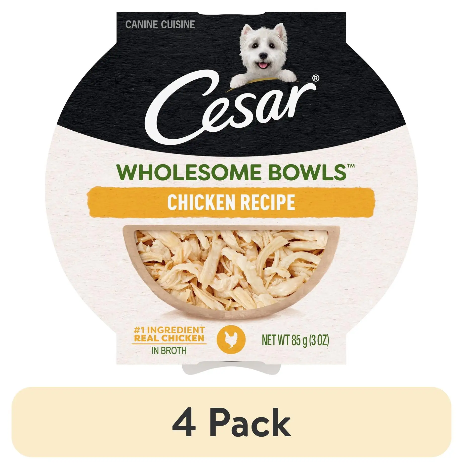 (4 pack) Cesar Wholesome Bowls Chicken Recipe Broth Wet Dog Food. 3 oz Bowl