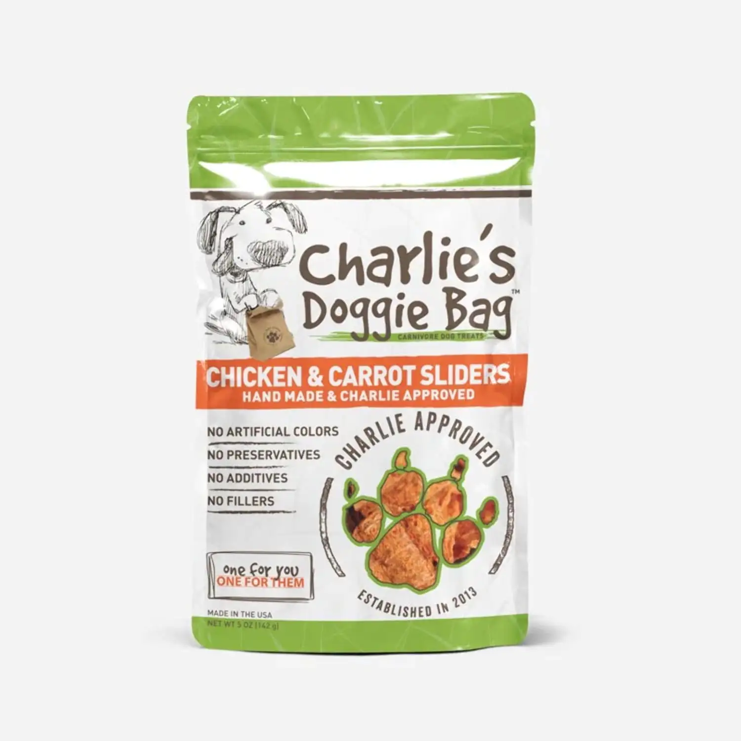 Charlie's Doggie Bag - Chicken & Carrot Sliders. 5oz Bag