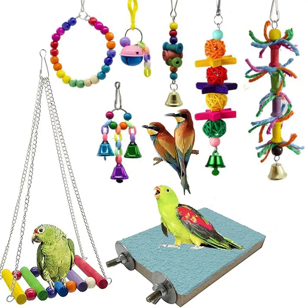 Cheers.US 8Pcs/Set Bird Parrot Toys Ladders Swing Chewing Toys Hanging Pet Bird Cage Accessories Hammock Swing Toy for Small Parakeets Cockatiels. Lovebirds. Conures. Macaws. Finches