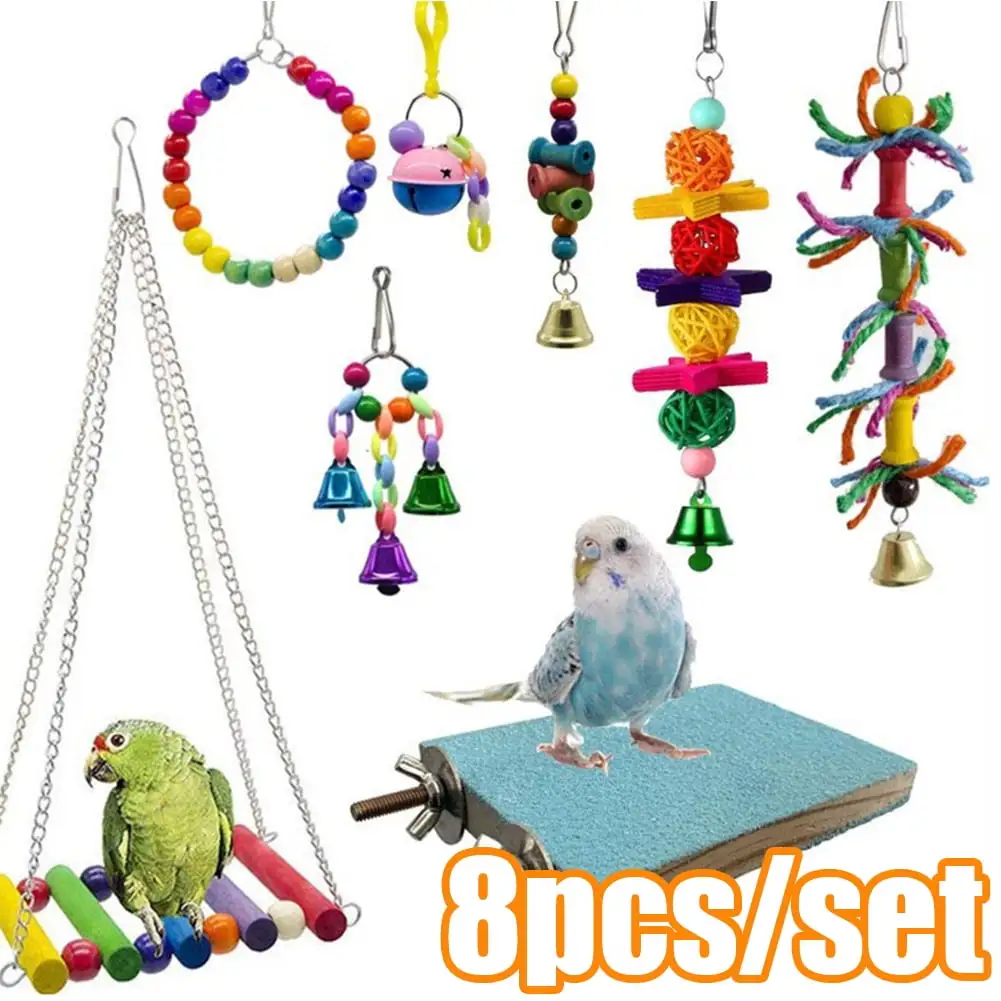 Cheers.US 8Pcs/Set Bird Swing Chewing Toys- Parrot Hammock Bell Toys Suitable for Small Parakeets. Cockatiels. Conures. Finches.Budgie.Macaws. Parrots. Love Birds