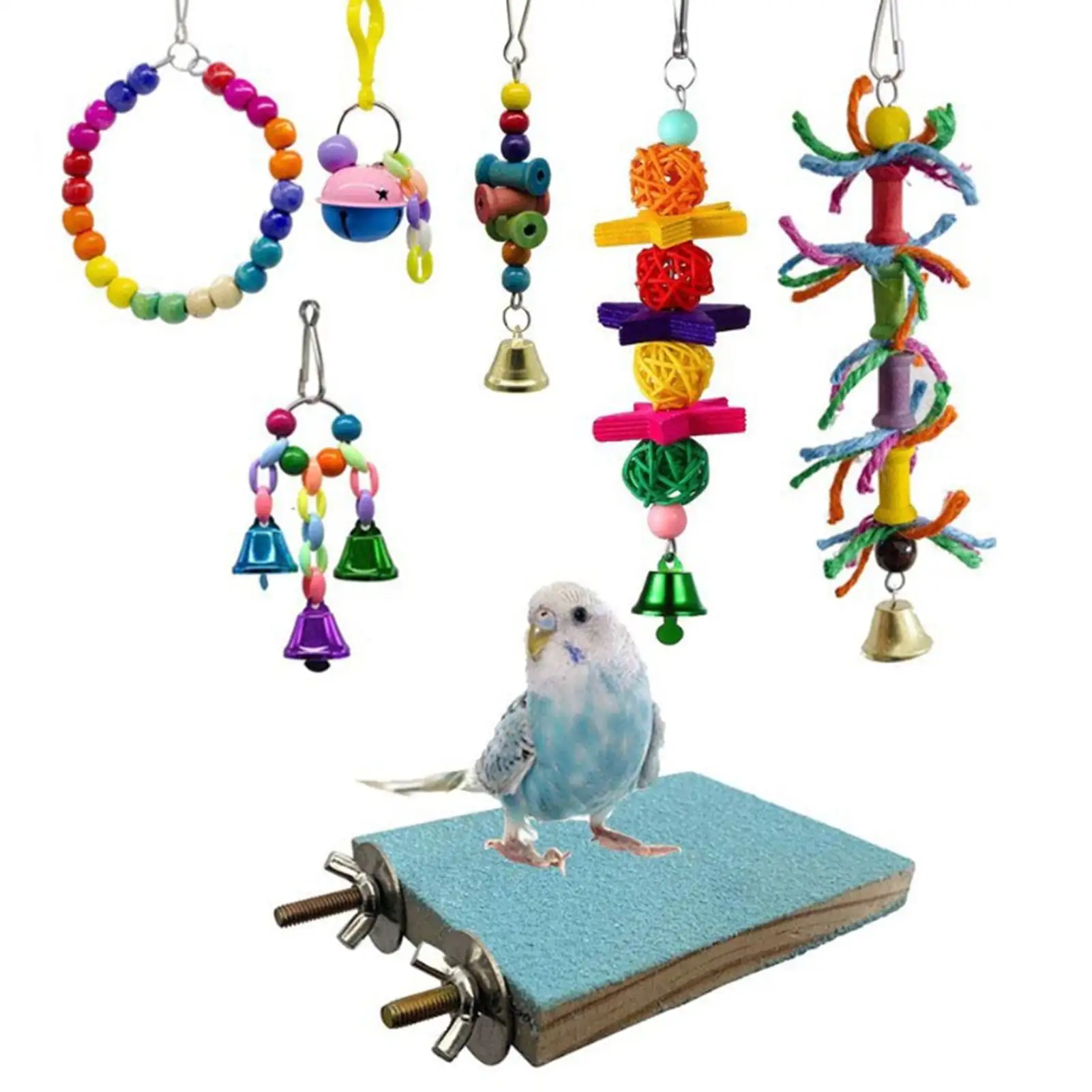 Cheers.US 8Pcs/Set Parakeet Toys.Birds Parrot Toys.Wooden Hanging Bell Pet Bird Cage Toys.Bird Swing Chewing Toys.for Small Parrots.Finches.Cockatiels.Conures.Love Birds.Macaws