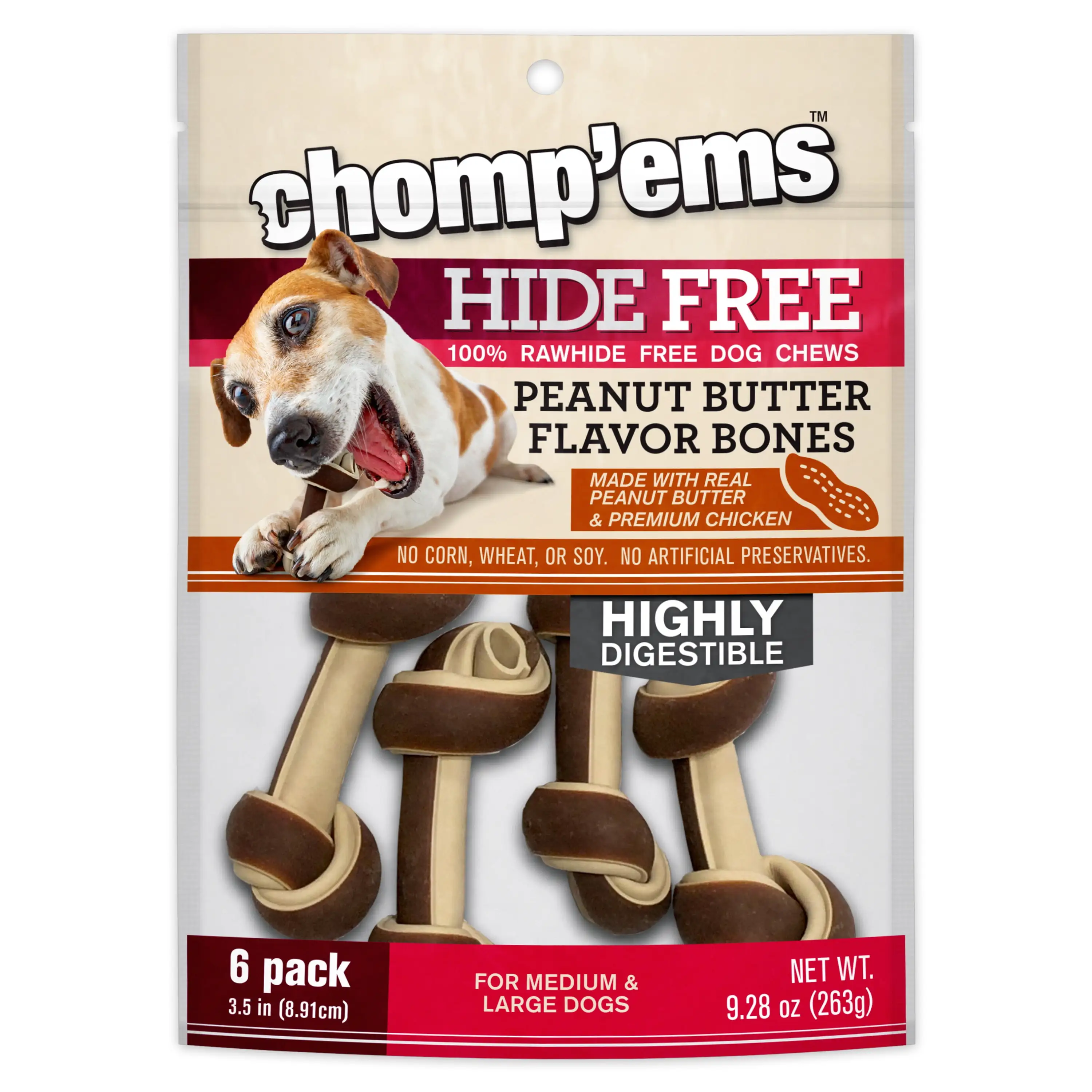 Chomp 'ems Chicken & Peanut Butter Hide Free Dog Chews - Rawhide Free Dog Treats - No Hide Alternative Chew Treat for All Life Stages. Bones. 3.5. 6 Count 0