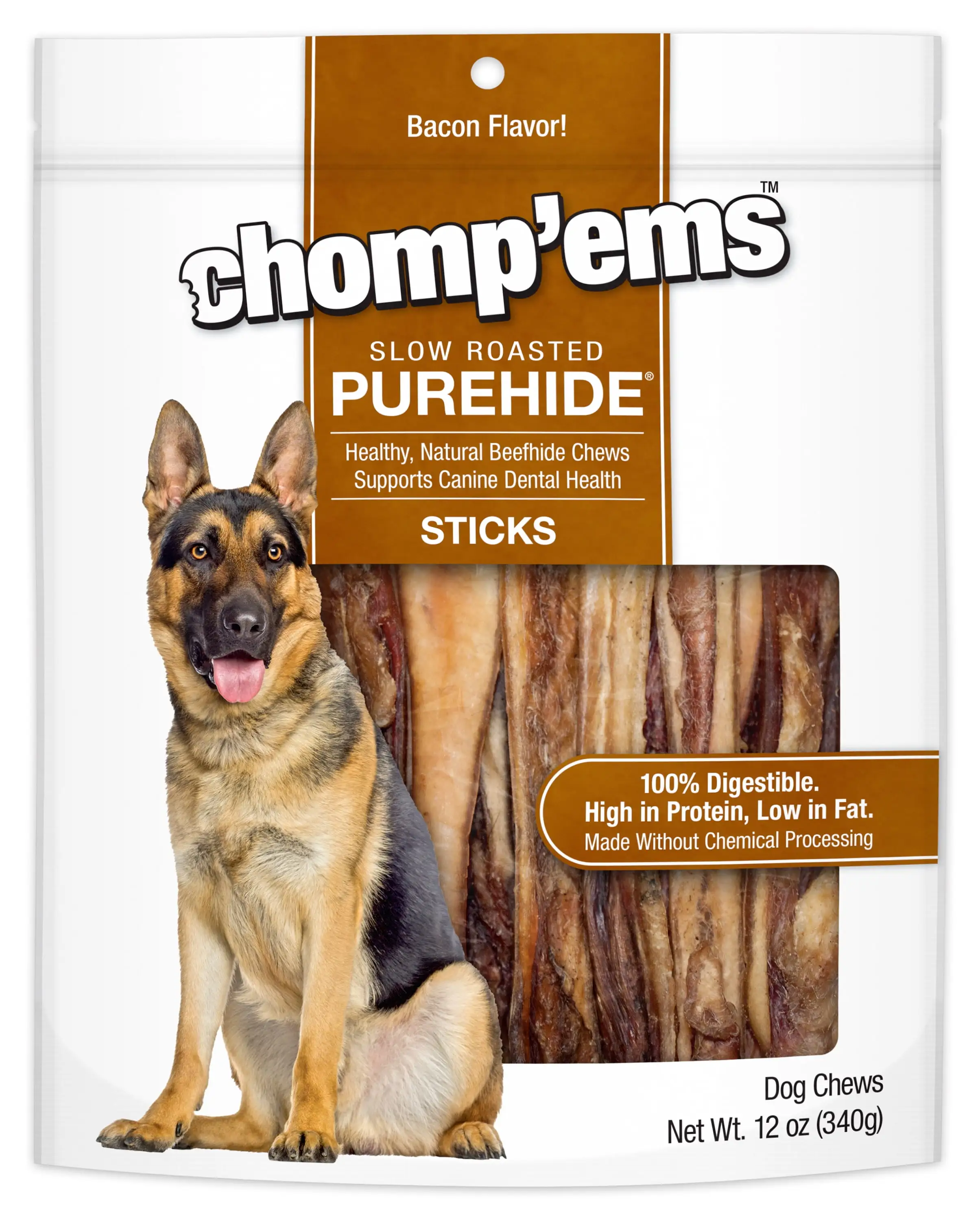 Chomp 'ems Purehide Chews - Slow Roasted Naturally Delicious Dog Treats - High Protein Beef Hide - Bacon Flavor. Sticks. 12 Oz.