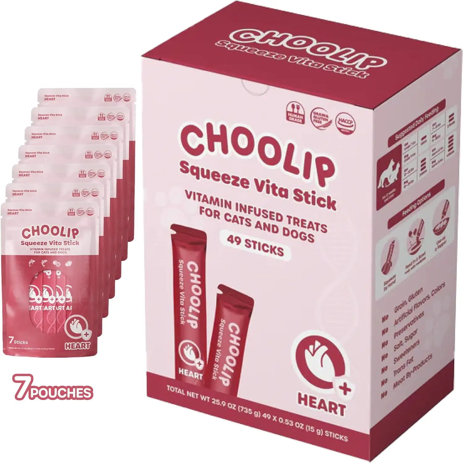 Choolip Squeeze Vita Stick for Heart. Healthy Cat Treats with CoQ10. L Carnitine. Taurine. EPA/DHA and more! 49pk Nutrient-Packed Cat Treat. Lickables for Cats Dessert. Training or Food Topper