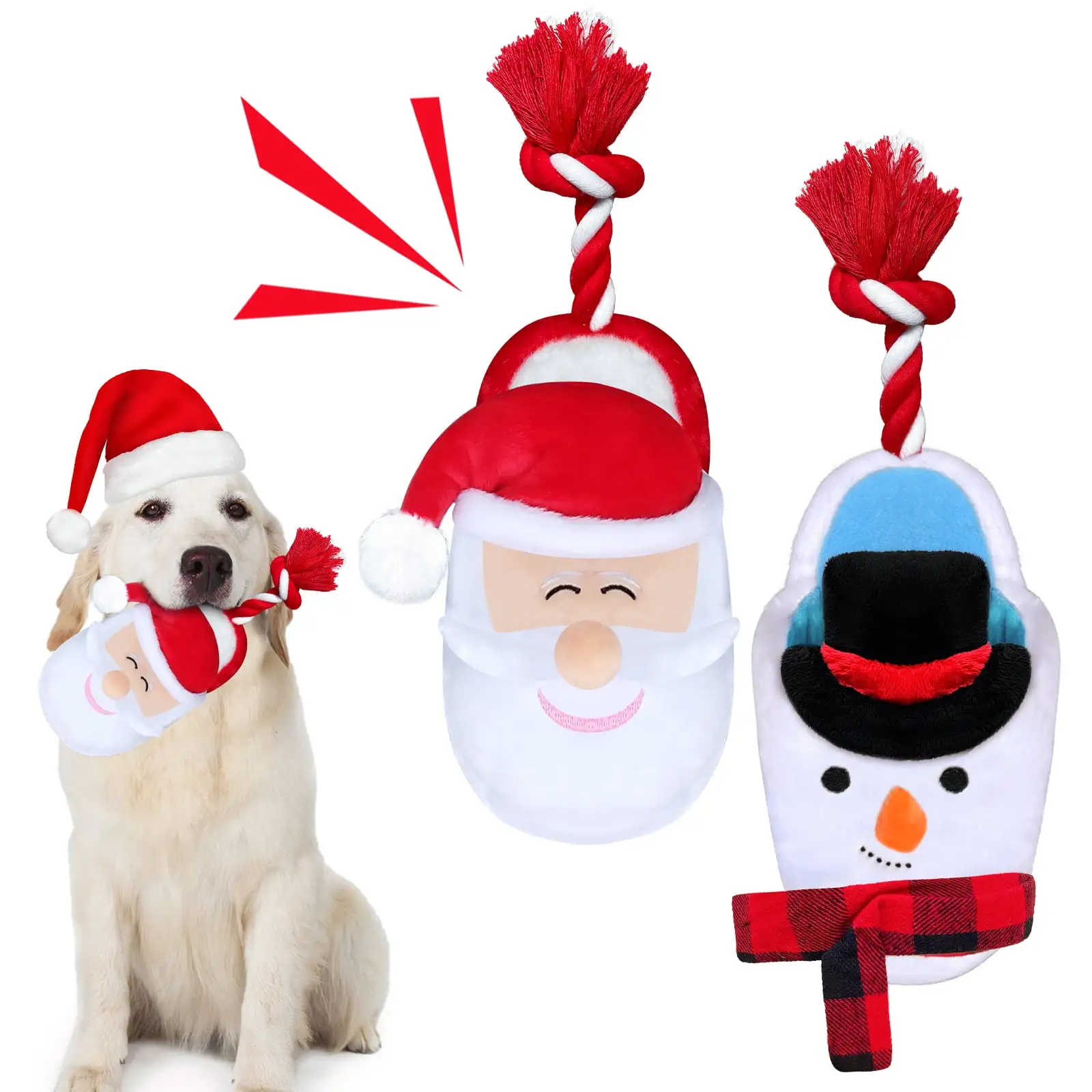 Christmas Dog Toys 2 Pack Slipper Plush Squeaky Toy with Long-Lasting Rope Interactive Stuffed Dog Chew Toys for Medium. Large Dog (Santa Claus+Snowman)