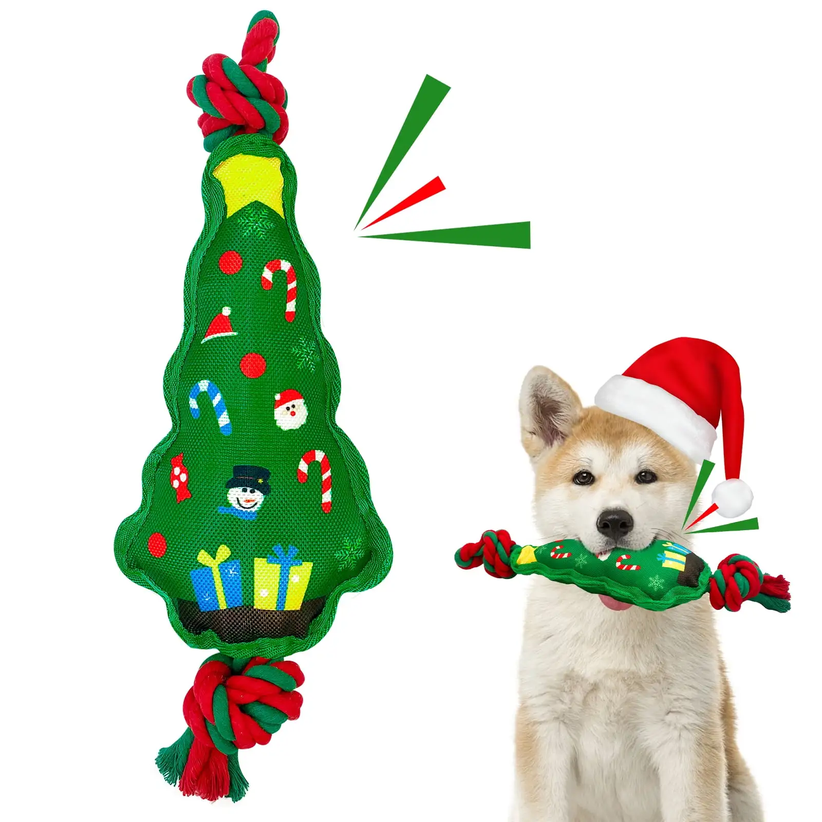 Christmas Dog Toys. Squeaky Dog Toys with Rope for Dog Christmas Gifts. Durable Dog Chew Toys for Small and Medium Dogs - Christmas Tree