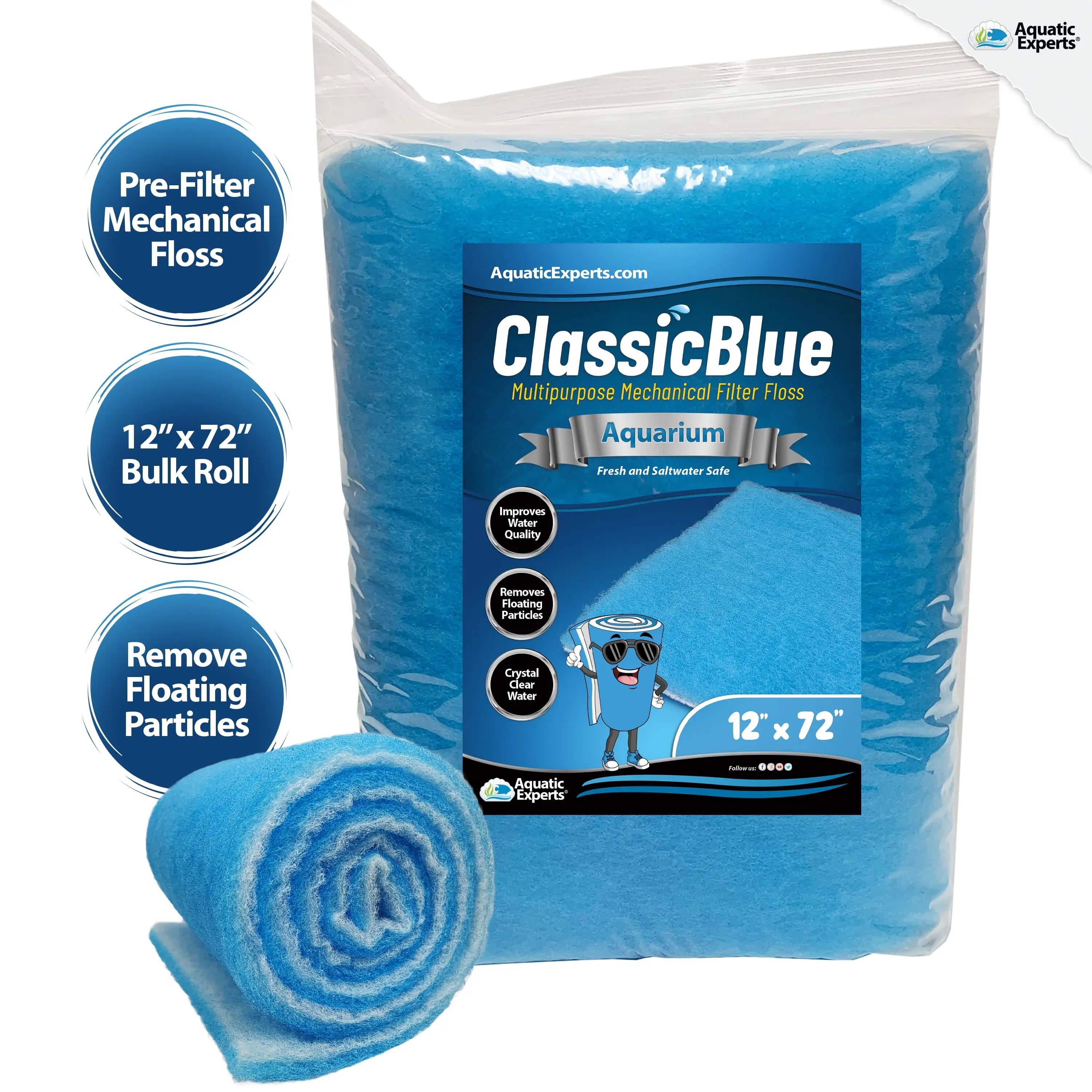 ClassicBlue Bonded Freshwater and Saltwater Safe Aquarium Filter Pad 0.75 Thick. 12'' x 72''