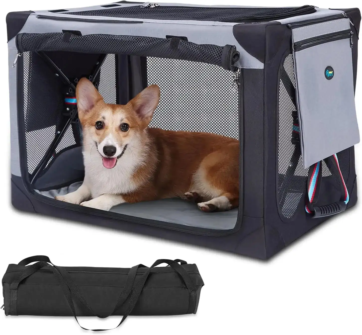 Collapsible Dog Crate Large 38 Inch Portable Travel Dog Soft Crate With Detachable Storage Bag and Double-Sided Mat Bed Beds Pet