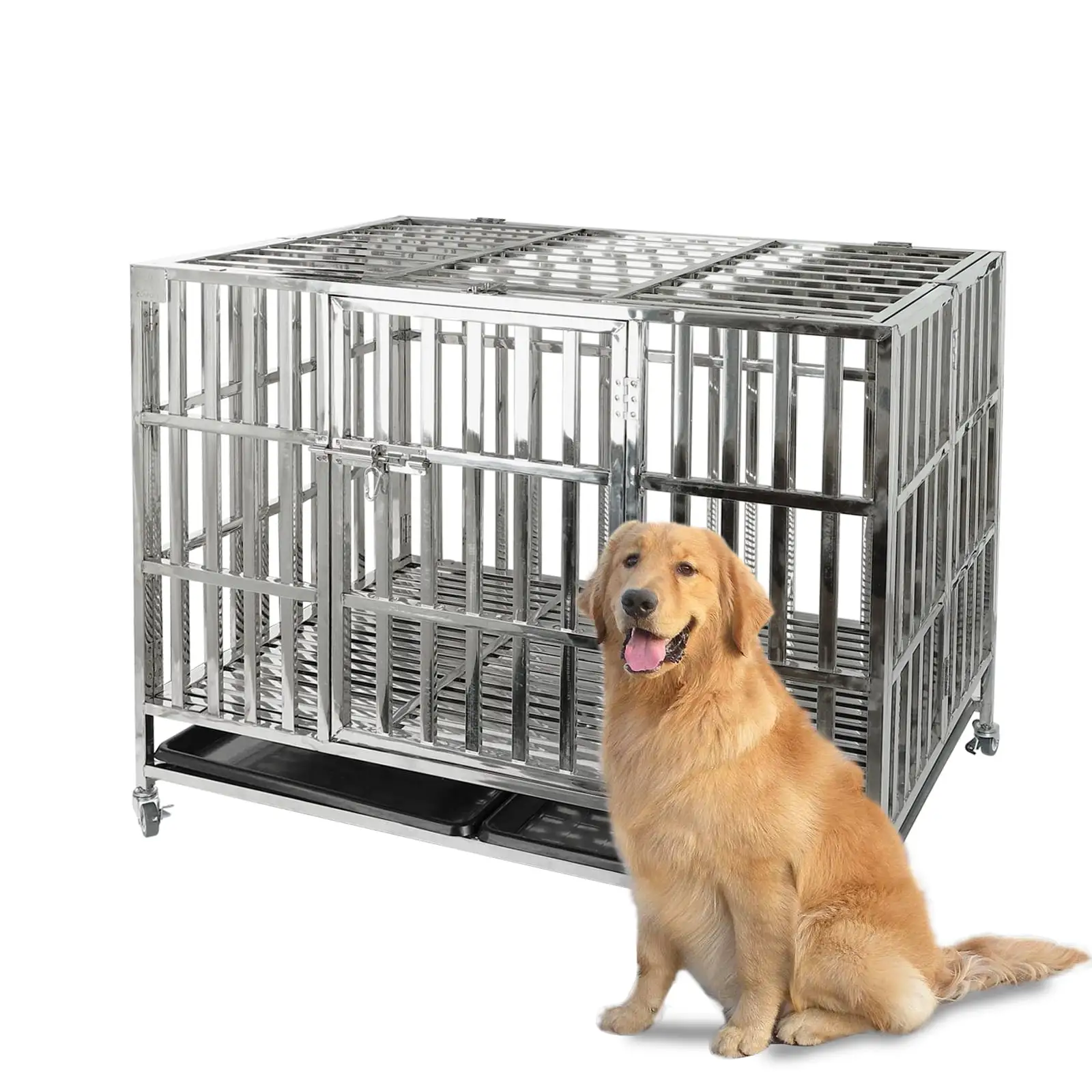 Confote 42 Heavy Duty Stainless Steel Dog Cage Kennel Crate and Playpen for Training Large Dog Indoor Outdoor with Double Doors & Locks Design Included Lockable Wheels Removable Tray No Screw