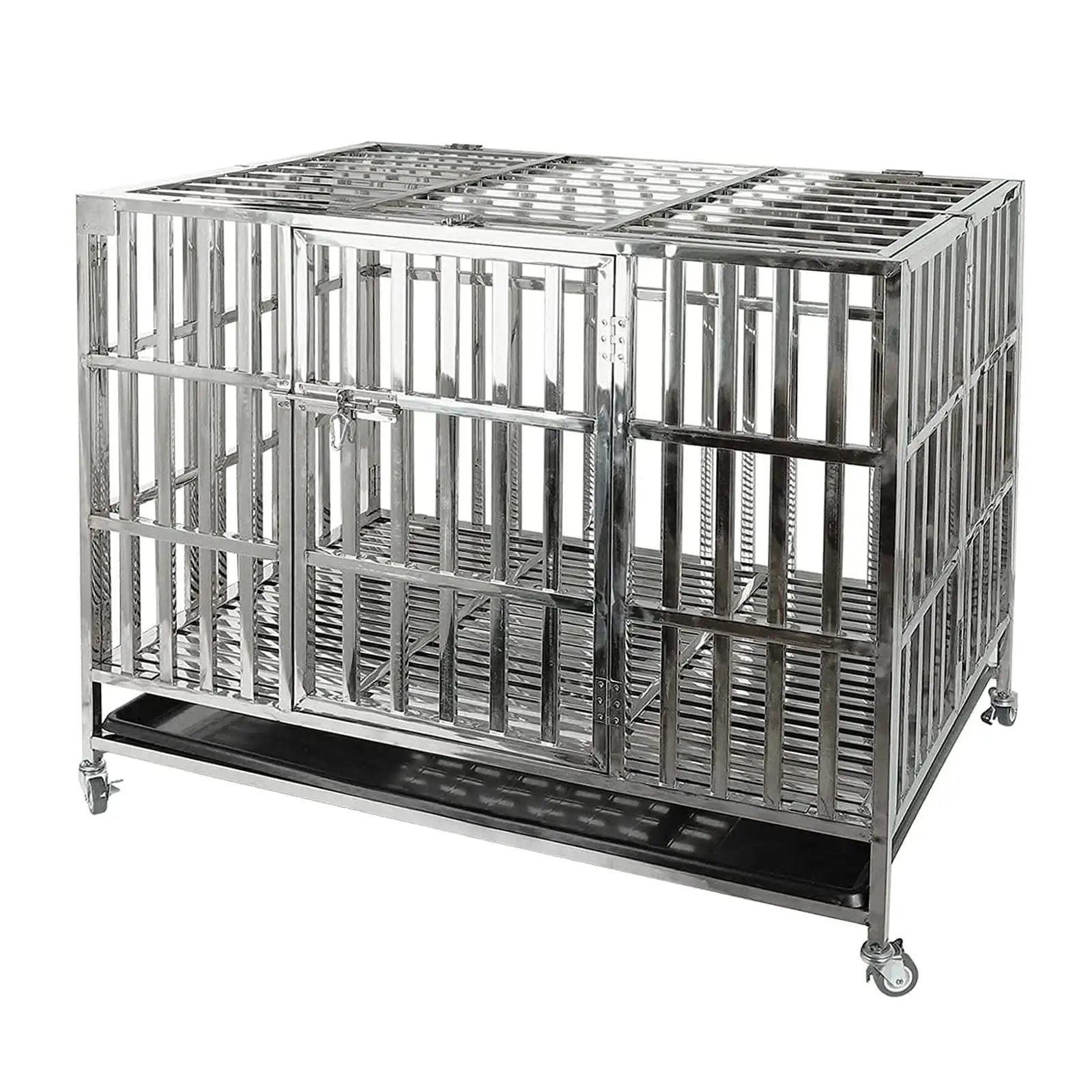 Confote 42 Heavy Duty Stainless Steel Dog Cage Kennel Crate and Playpen for Training Large Dog Indoor Outdoor with Double Doors & Locks Design Included Lockable Wheels Removable Tray No Screw