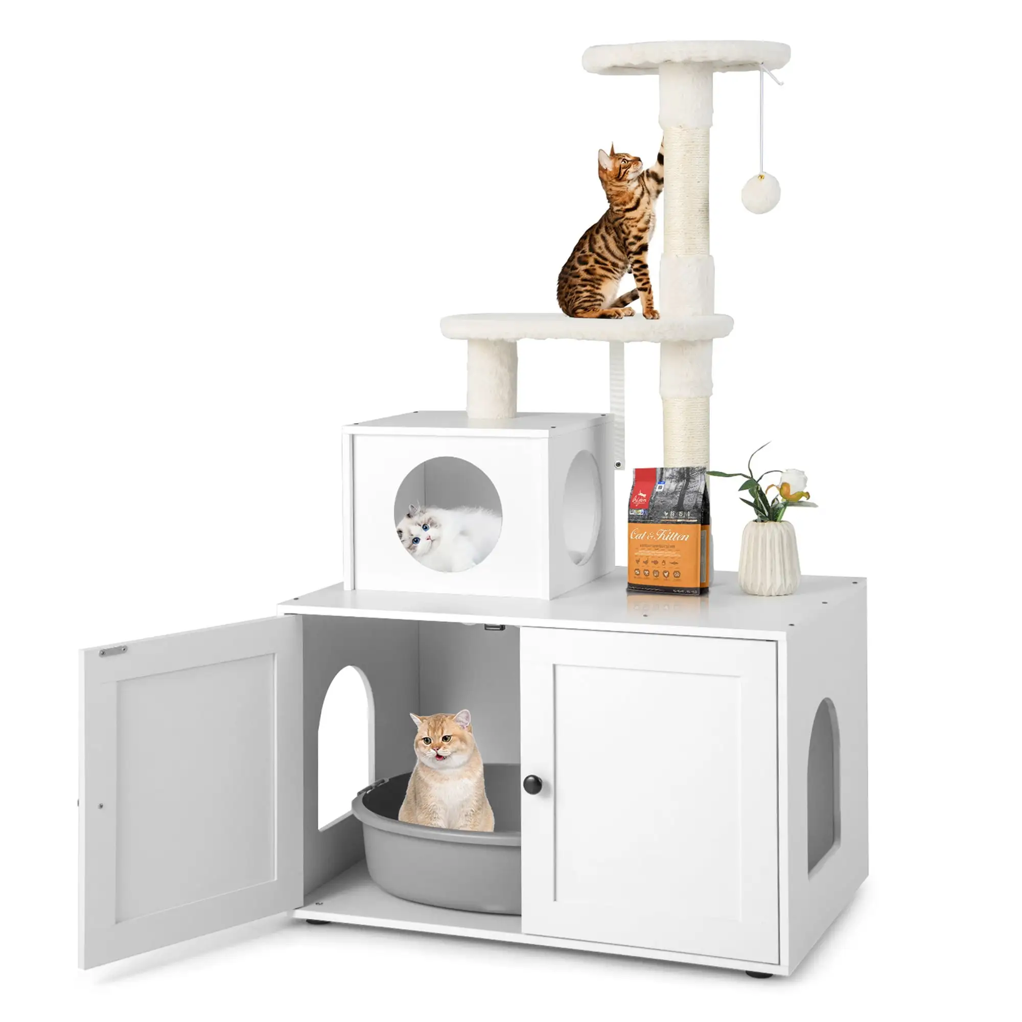 Costway 2-in-1 Wooden Litter Box Enclosure with Cat Tree Hidden Washroom Furniture White