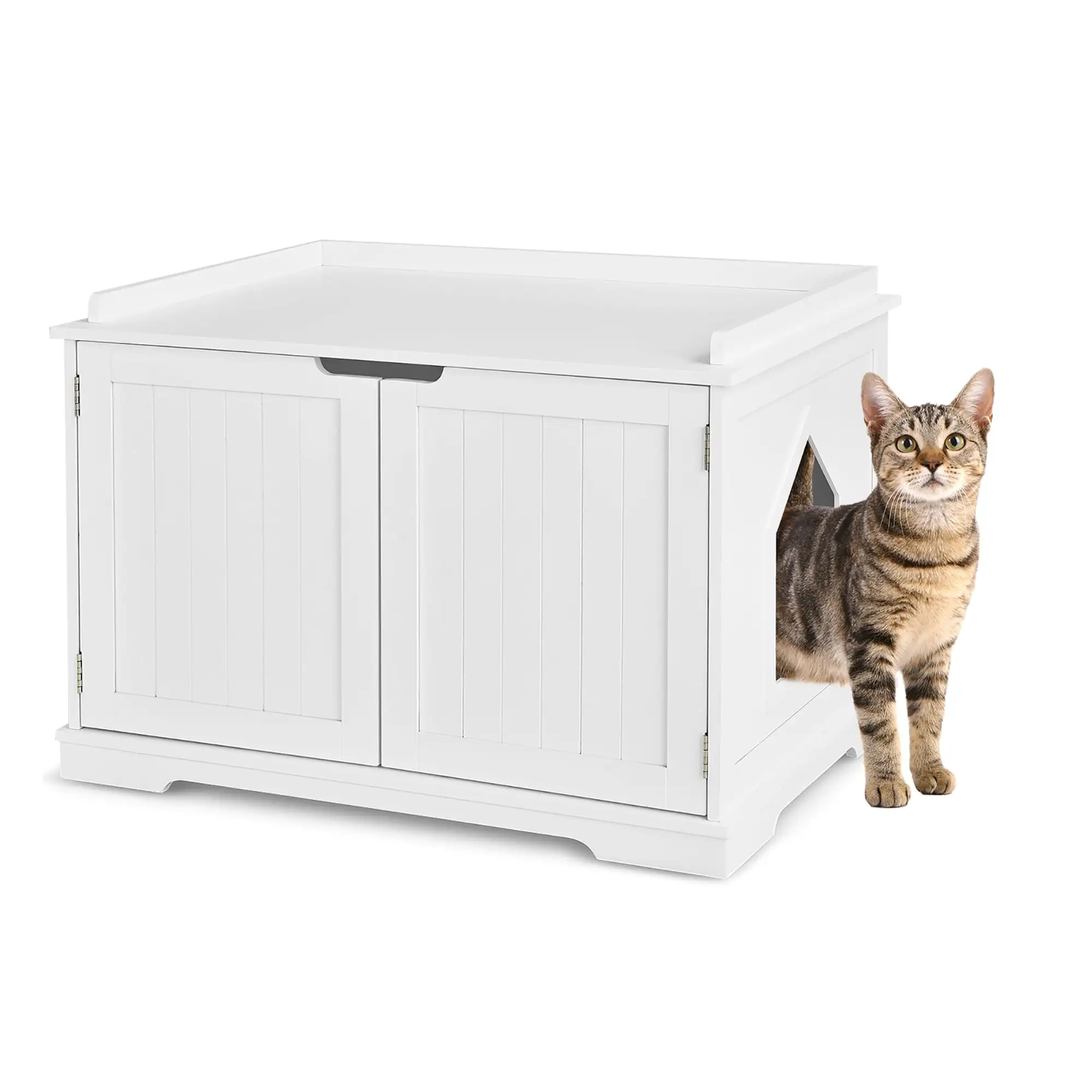 Costway Cat Litter Box Cabinet Furniture Cat Washroom Storage Bench White