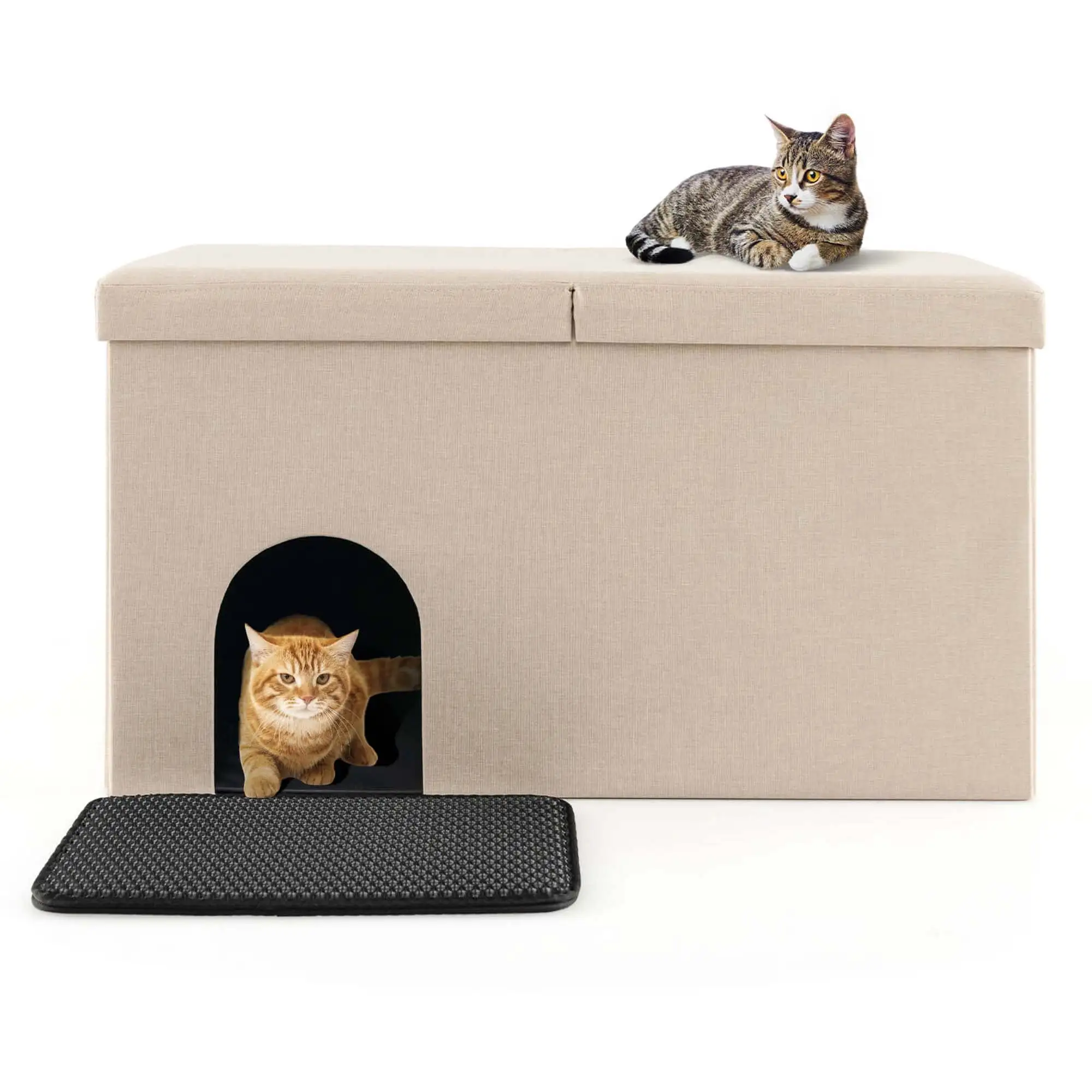 Costway Cat Litter Box Enclosure Hidden Furniture Cat Washroom Shoe Storage Bench Beige