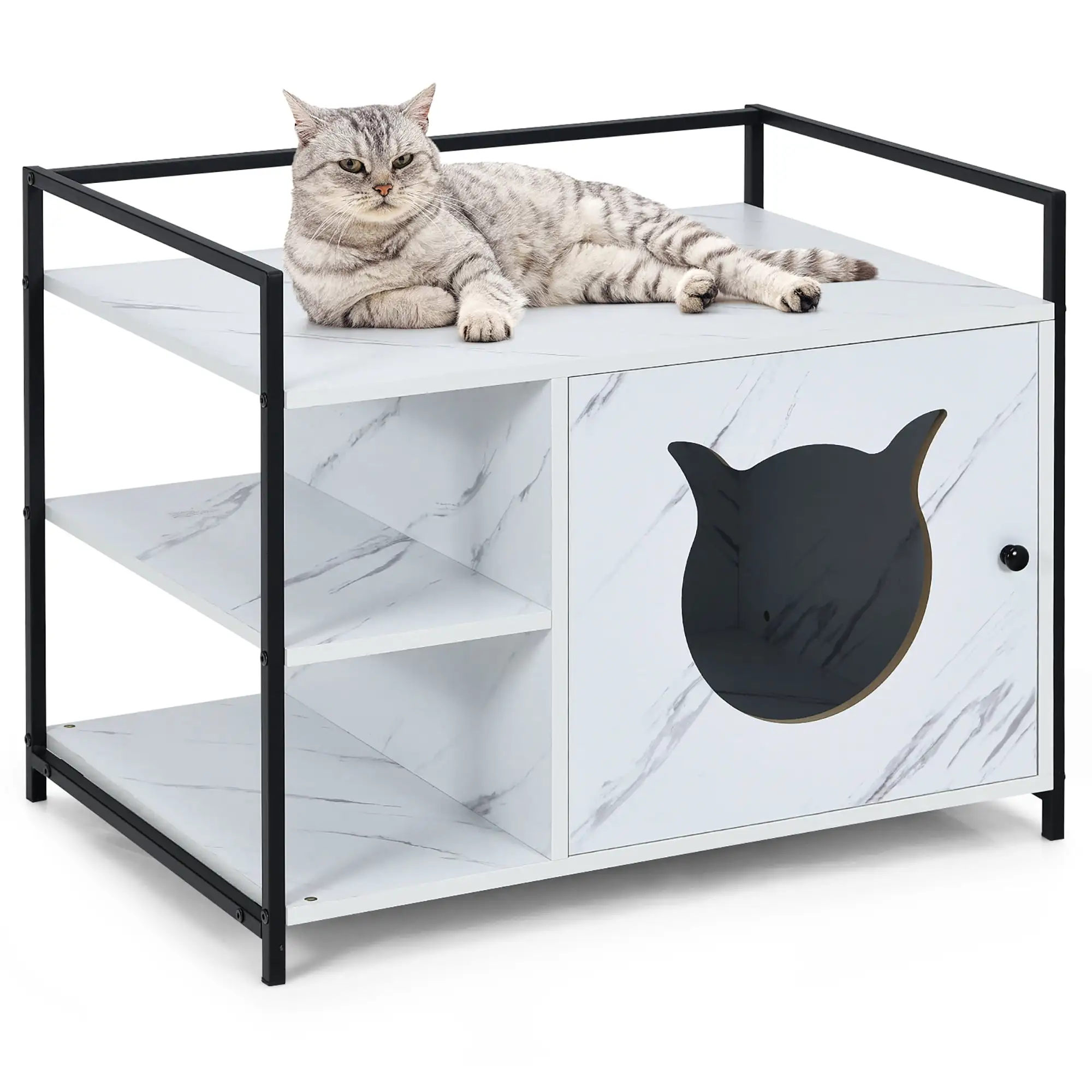 Costway Cat Litter Box Enclosure Hidden Litter Furniture Cabinet W/ 2-Tier Storage Shelf White