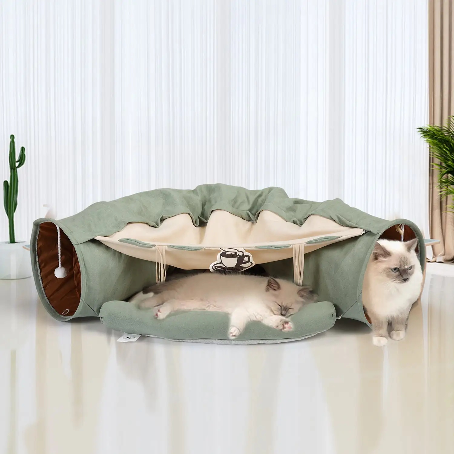 Coziwow 2-in-1 Cat Tunnel Tube Cat Tunnel Bed W/ Washable Bed Collapsible Kitty Toy. Green