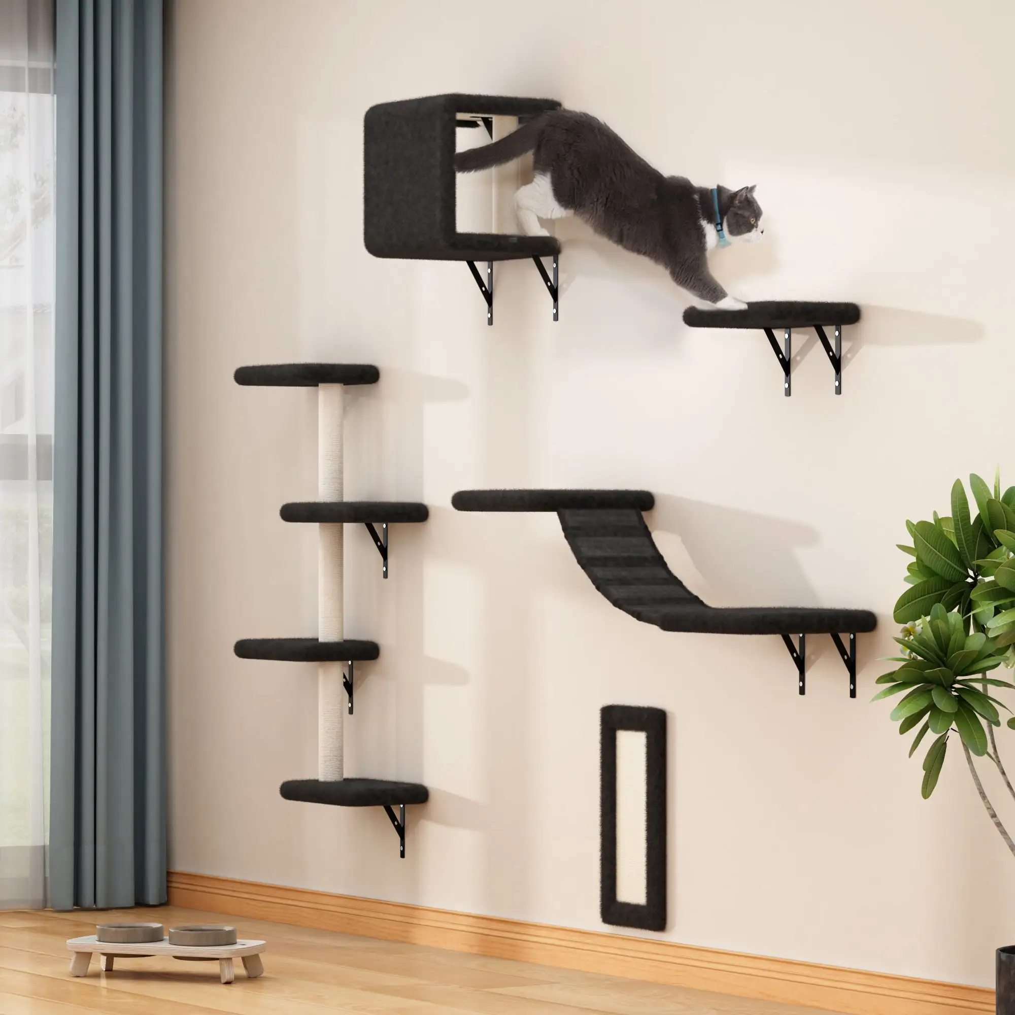 Coziwow 5 Pcs Wall Mounted Cat Tree Set W/ Cat Perch. Scratching Post. Cat Bridge. Cat Tree and Cat Hammock. Black