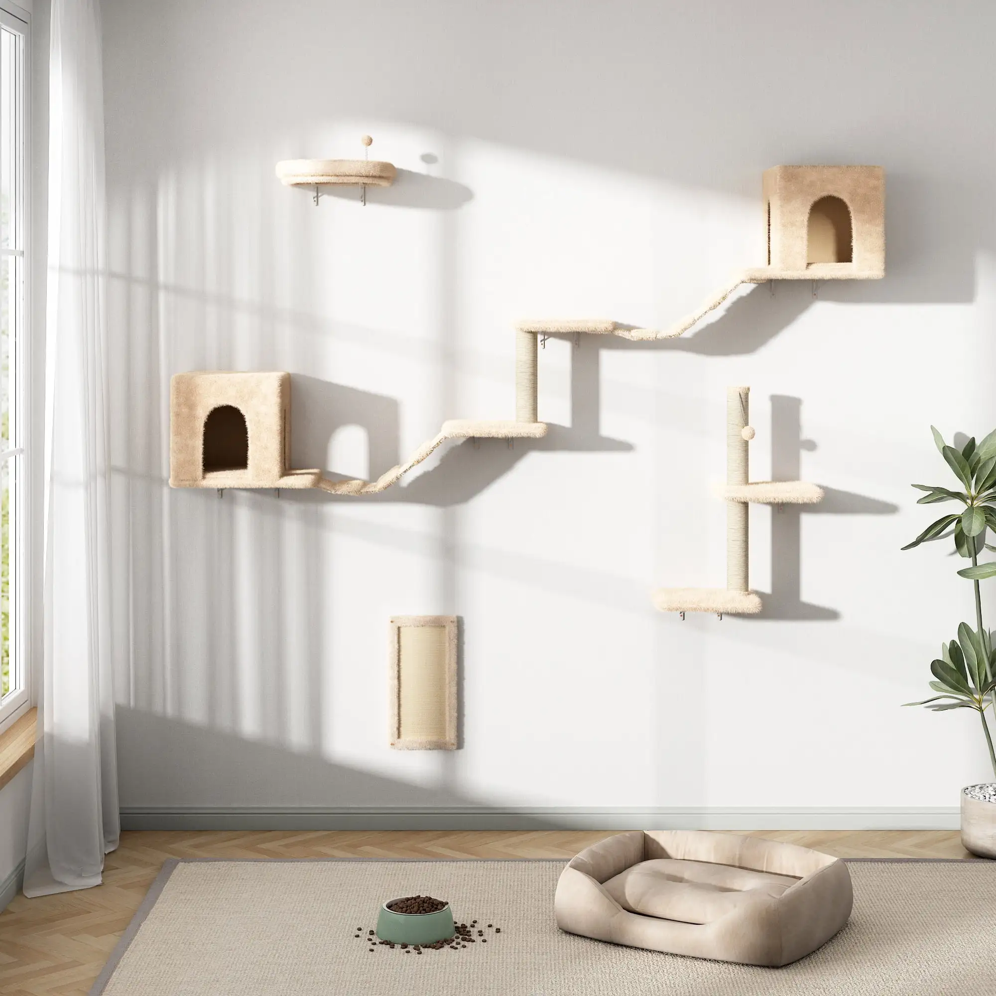 Coziwow 8PCS Wall Mounted Wood Cat Climber Set. Cat Shelves and Perches Cats Furniture for Multiple Cats. Beige