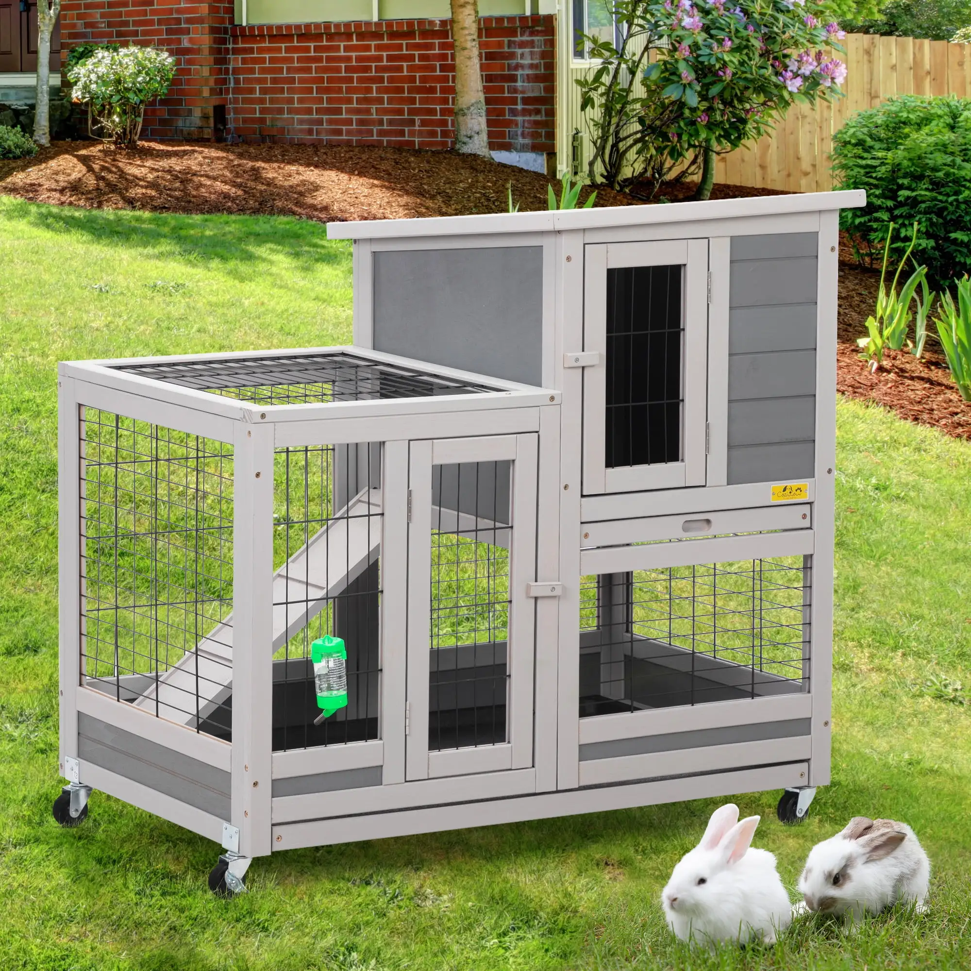 Coziwow Rabbit Hutch Outdoor Wooden Pet Small Animal Cage with Wheels. Openable roof. Gray