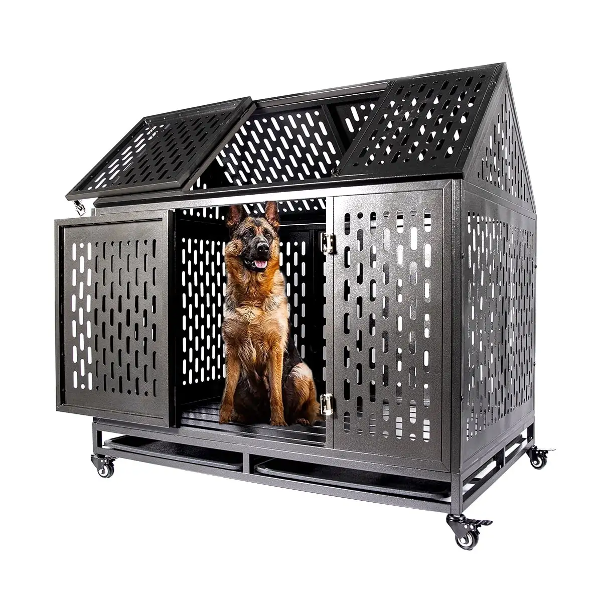 Createshao Heavy Duty Dog Crate Dog Cage. 45 inch Indestructible Metal Dog Kennel Lockable for Medium Large Dogs with Sturdy Door Lock and Removable Trays. Roof Top Access (Black with one Doors)