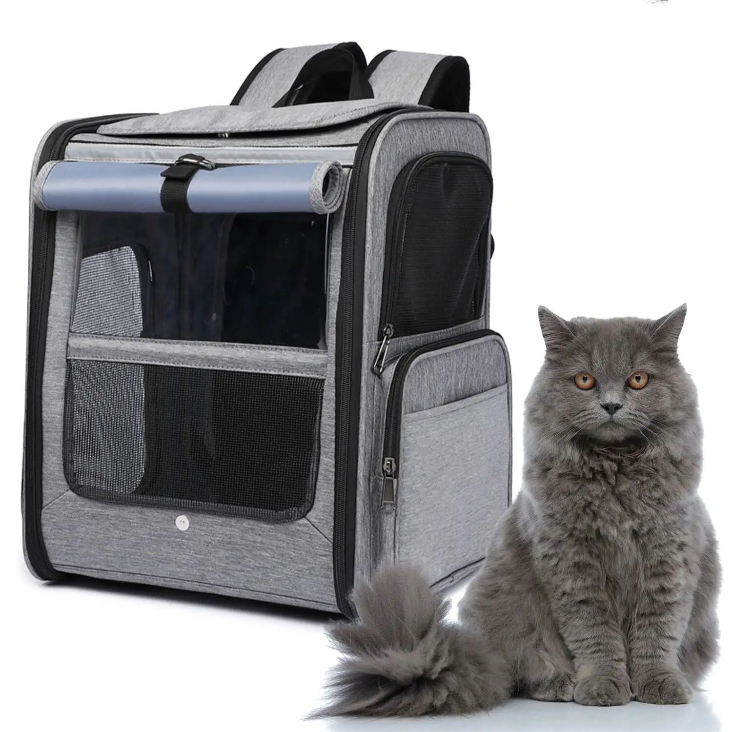 Critter Sitters Grey Pet Backpack for Small Dogs. Cats with Scratch Resistant Breathable Mesh Windows | Airline Carry-On Approved | Safety Leash | Storage Pockets | Durable Transporation for Animals