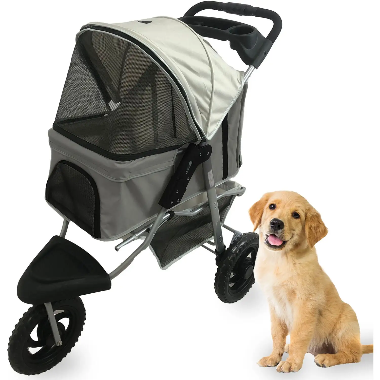 Critter Sitters Light Grey 4-Wheel Pet Stroller for Medium/Large Sized Dogs. Cats with Scratch Resistant Breathable Mesh Windows and Safety Leash | Storage Basket | Cup Holders | Lockable Wheels