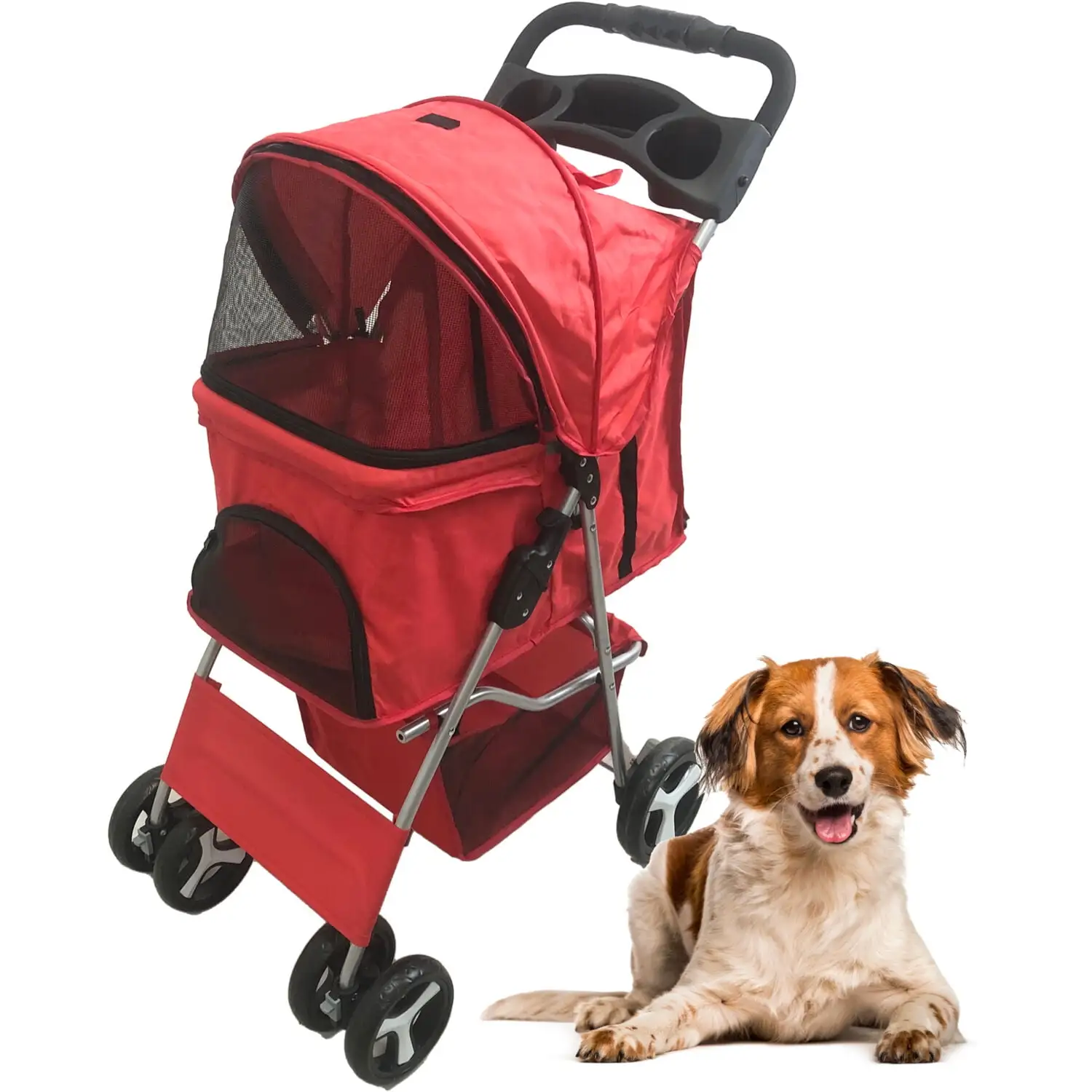 Critter Sitters Red 4-Wheel Pet Stroller for Small/Medium Sized Dogs. Cats. Animals with Scratch Resistant Breathable Mesh Windows and Safety Leash | Storage Basket | Cup Holders | Lockable Wheels