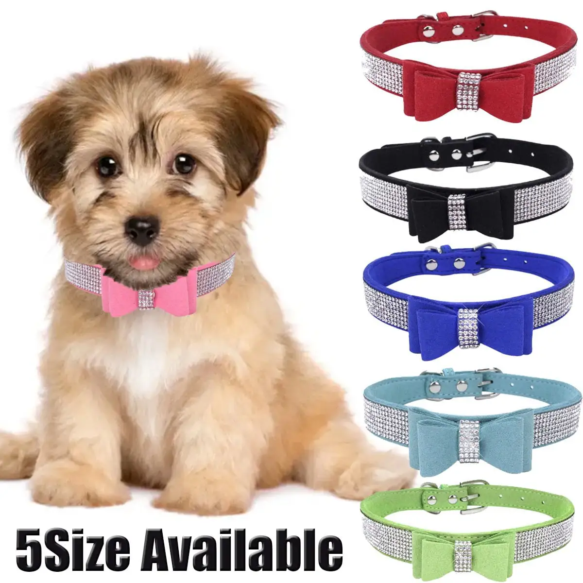 Crystal Dog Collar with Bow Tie Rhinestone Puppy Collars Bling for Cat Dogs.19Size Available