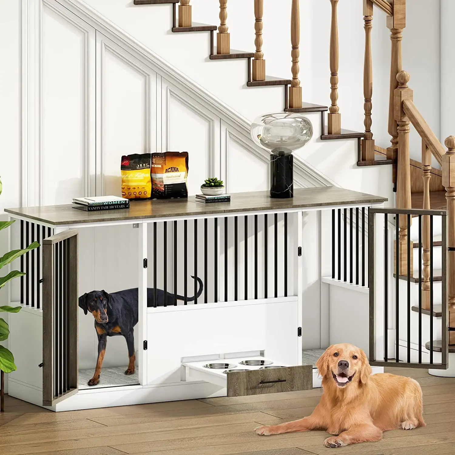 Cuoote Dog Crate Furniture. Wooden Kennel End Table Suitable for 2 Dogs. Equipped with 4 Stainless Steel Bowls. Trays. Cushions. and Partitions. Wooden Dog Cage Dog Kennel Indoor (Brown)