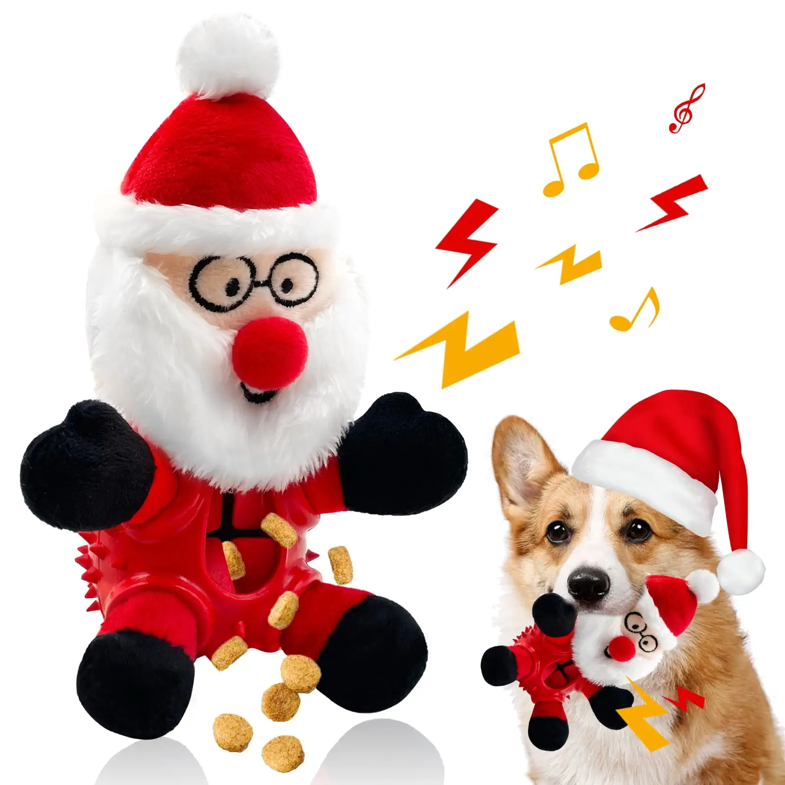 Cute Christmas Santa Squeaky Dog Toys. Interactive Durable Plush Dog Toys for Teething or Treating. Dog Chew Toy with Food Dispensing. Dog Puzzle Toys for Small and Medium Dogs