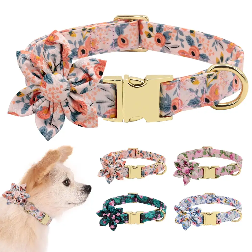 Cute Girl Dog Collars for Small Medium Large Dogs. Floral Pattern Female Pet Dog Collars with Flower for Wedding Holiday