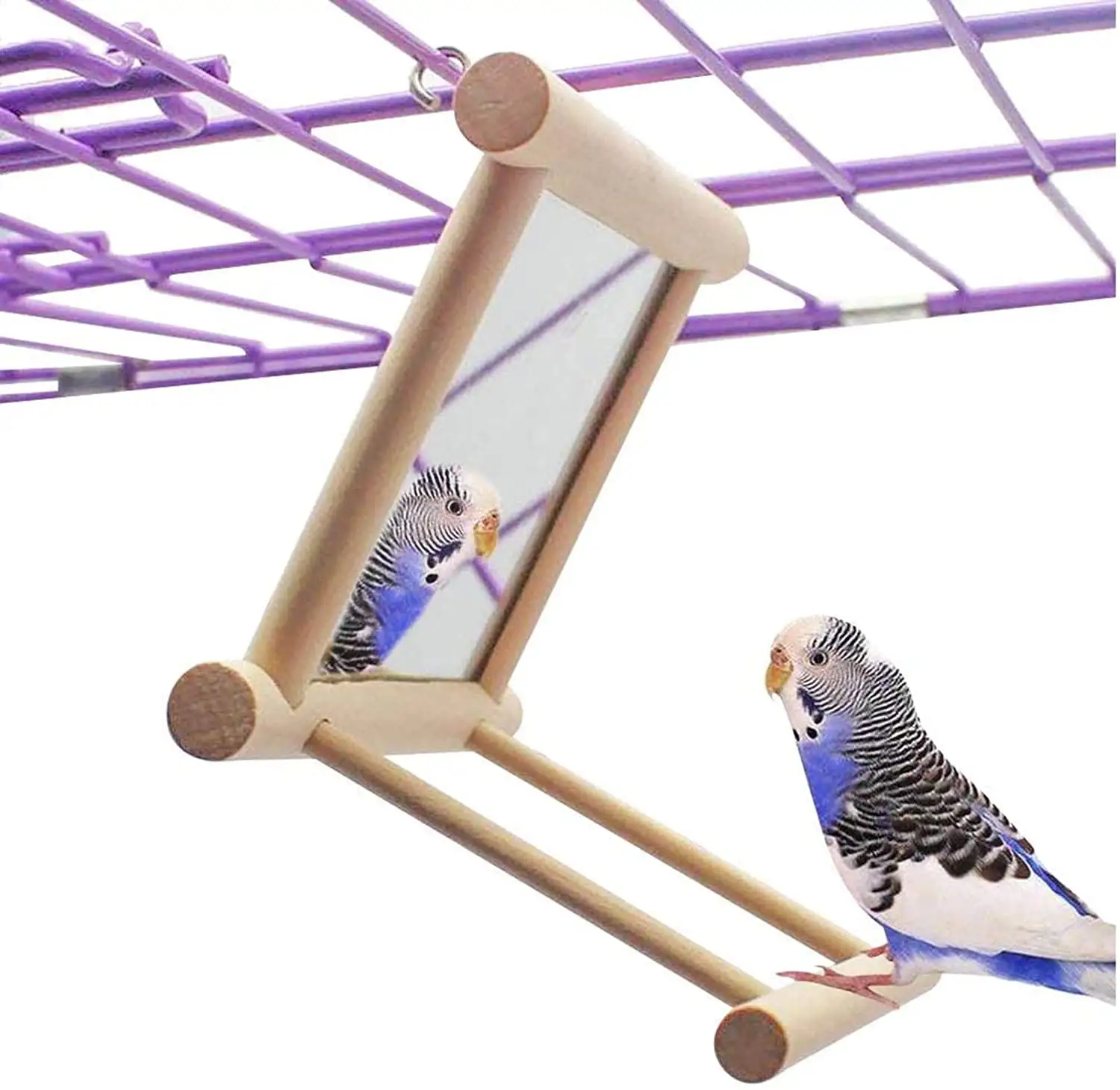 D-GROEE Bird Toy for Parrot Parakeets Cage Swing Wooden Mirror Fun Play Toy for Birds