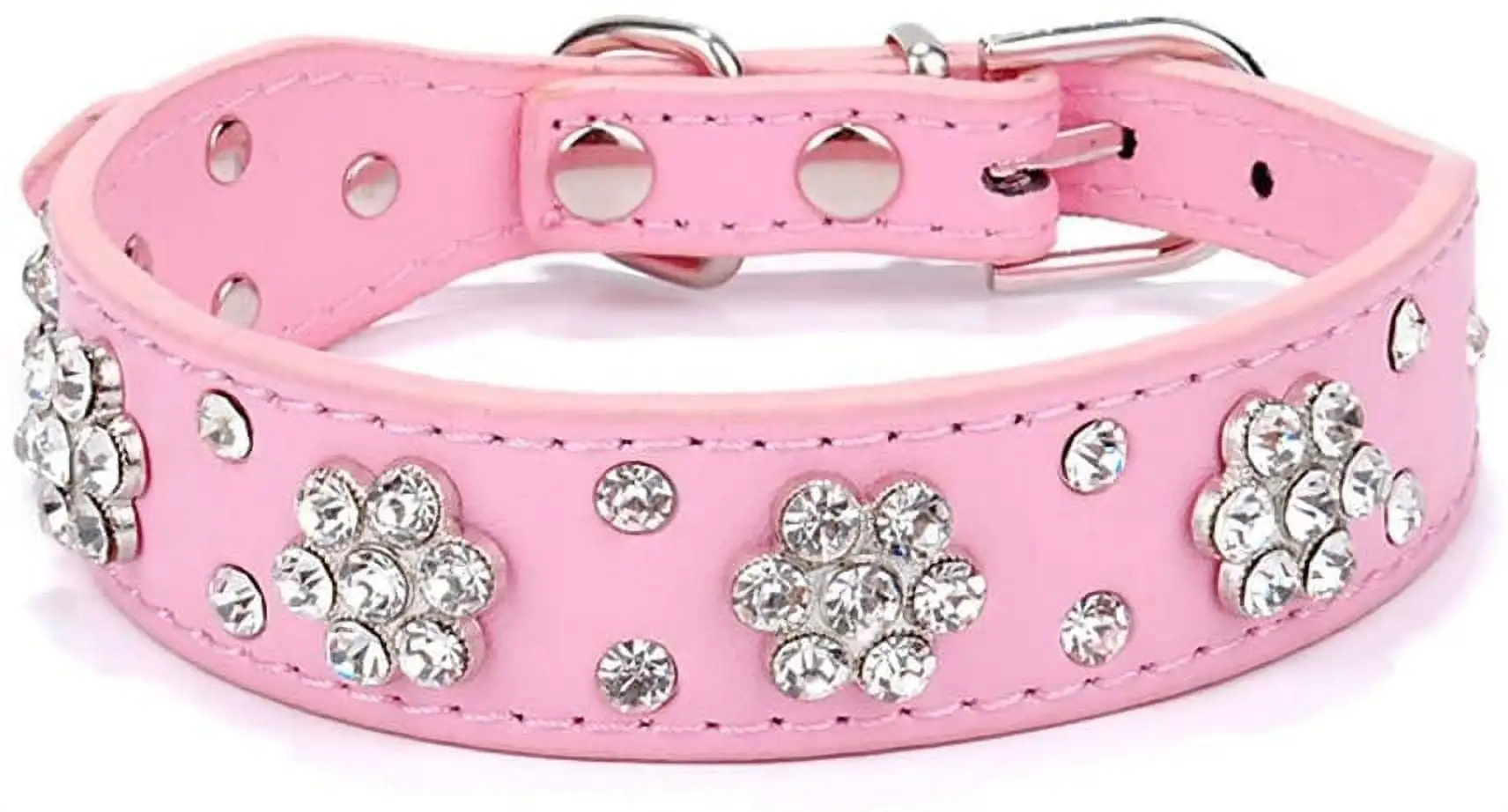 DEFNES Cute Dog Collar with Bling Bling Rhinestones - Diamond Flower Pattern Studded Leather Dog Collar ( Pink )- Fit Small and Medium