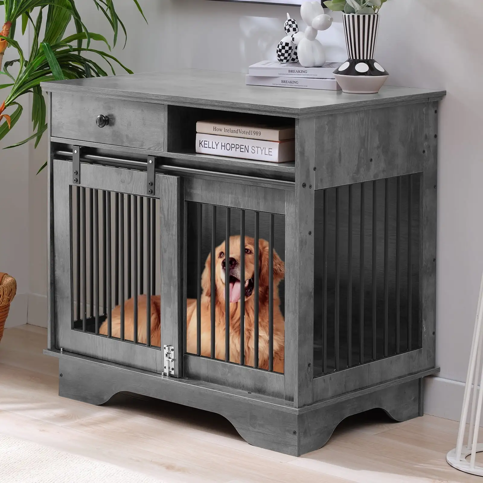 DISHUP 35 Dog Crate Furniture with Storage Drawers.Sliding Doors.for Small/Medium Dogs.Gray