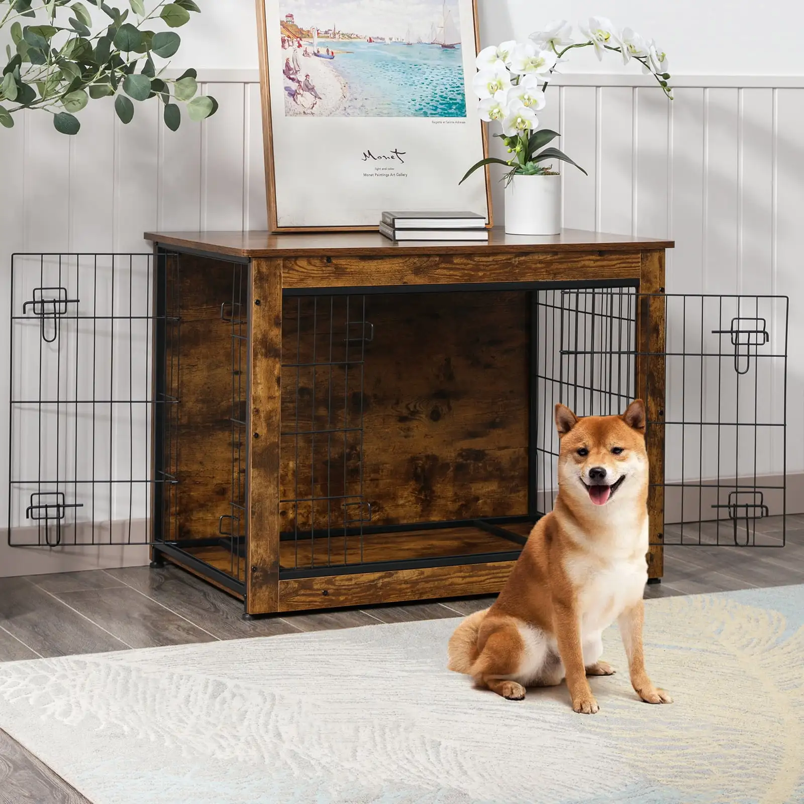 DISHUP 38 Dog Crate Furniture.Wooden Dog Crate with Double Doors.for Small to Large Dogs.Brown